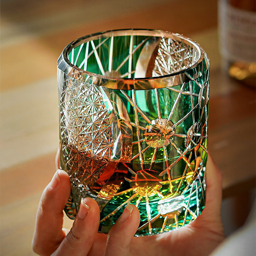 Handcrafted Edo Kiriko Planet Whisky Glass - Japanese Artisan Cut Crystal Tumbler for Whiskey, Cocktails & Tea - Perfect for Gifts, Home Bar & Elegant Dining