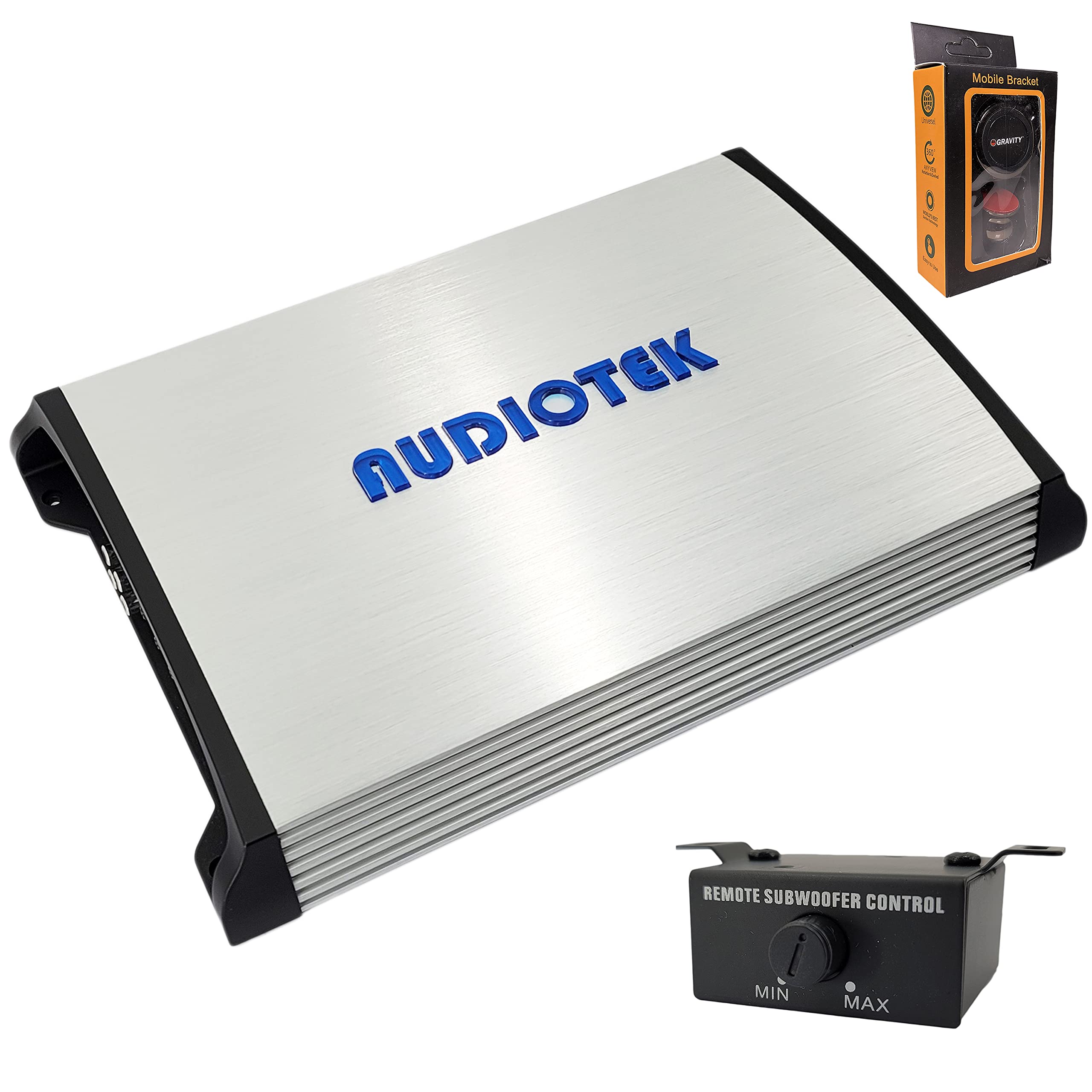 Audiotek AT7000M 1 Channel Monoblock Class D Car Amplifier - 7000W High Power, 1 Ohm Stable, LED Indicator & Bass Knob, MOSFET Power Supply | Perfect for Car Subwoofers & Bass Boost | Includes Phone Holder Bundle for Easy Control While Driving