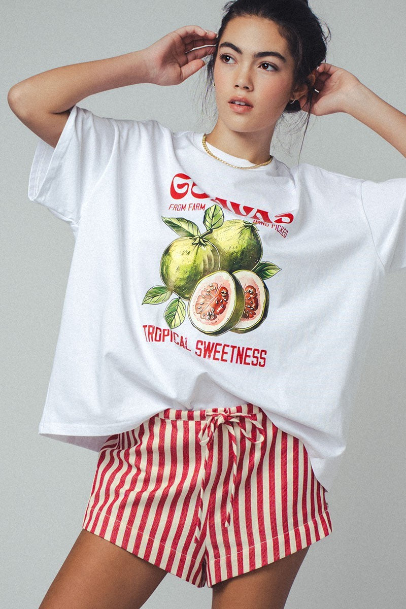 Trendy Tropical Guava Sweetness Graphic T-Shirt for Women - Soft Cotton Casual Tee for Summer Outings & Beach Vacations
