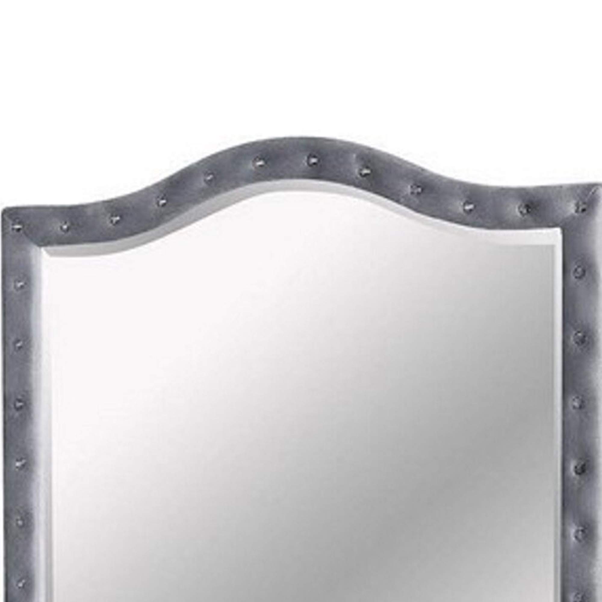 Benjara 38 Inch Gray Fabric Padded Frame Mirror with Button Tufting - Elegant Full-Length Dressing Mirror for Bedroom, Living Room, and Entryway Decor