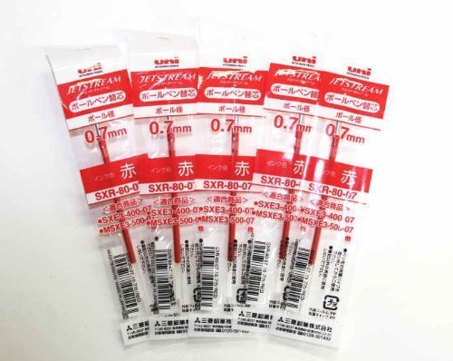 uni JETSTREAM SXR-80-07 0.7mm Red Ballpoint Pen Refills (5 Pack) - Smooth Writing for Multi Pens - Perfect for Office, School & Everyday Use