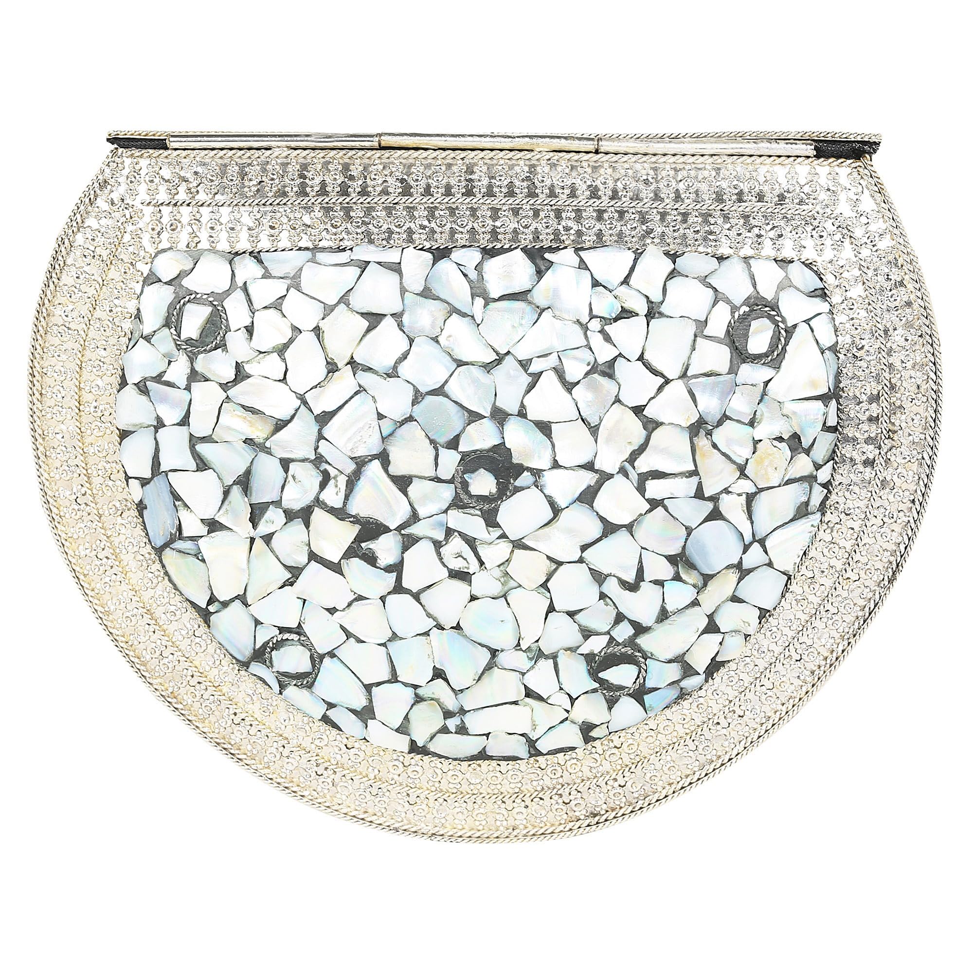 Vintage Silver Shell Mosaic Clutch Purse - Handmade Ethnic Indian Nacre Stone Bag for Women | Perfect for Weddings, Parties & Special Occasions