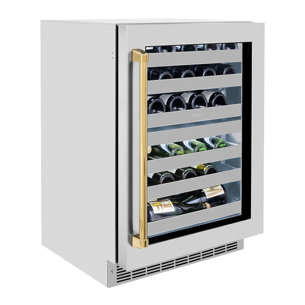 ZLINE Autograph Edition 24 Inch Dual Zone 44 Bottle Wine Cooler with Stainless Steel Glass Door & Polished Gold Handle - Perfect for Home Bars, Restaurants, and Wine Cellars (RWDOZ GS 24 G)