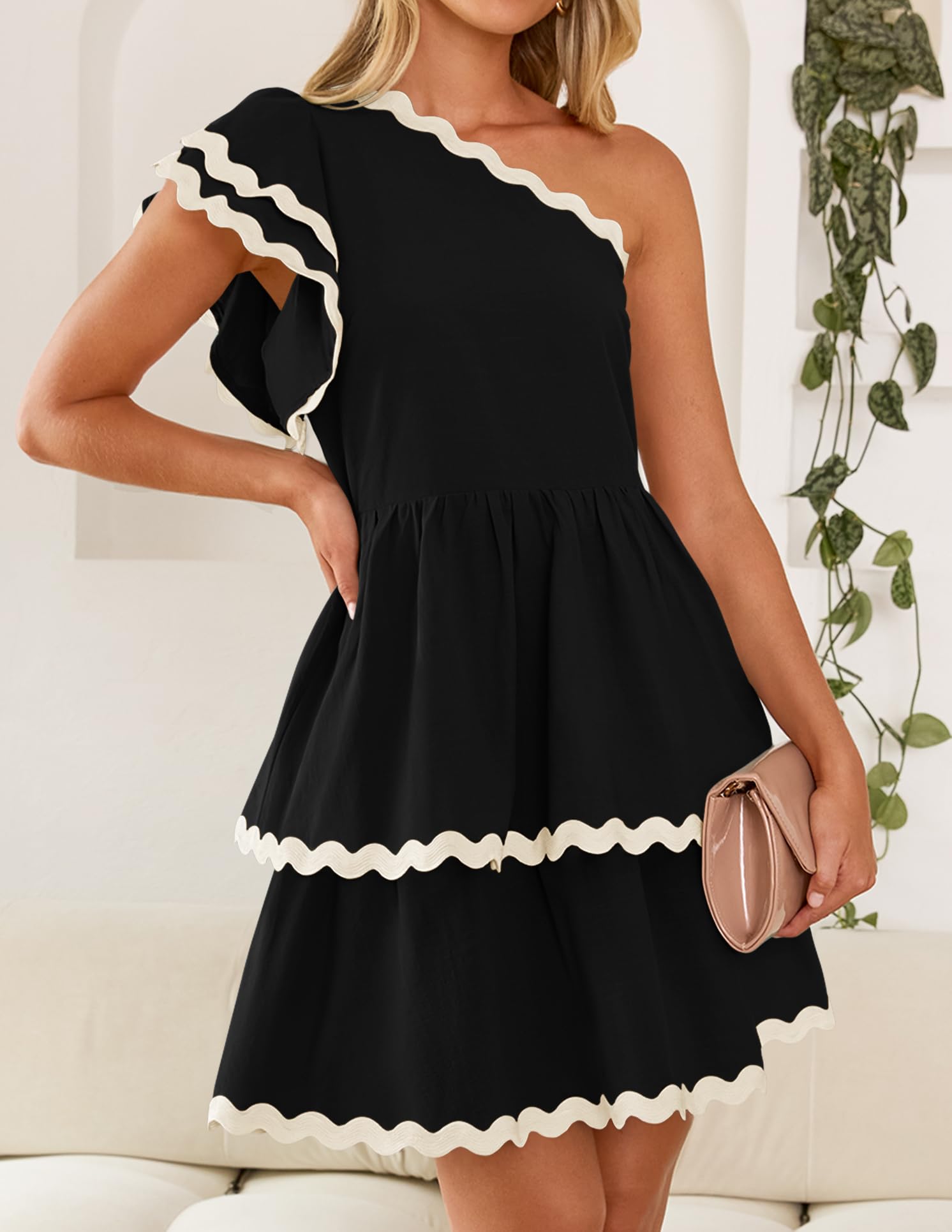ZESICA Women's One Shoulder Ruffled Tiered Mini Sundress - Summer 2025 Short Sleeve A-Line Swing Dress for Beach Vacation, Party & Date Night