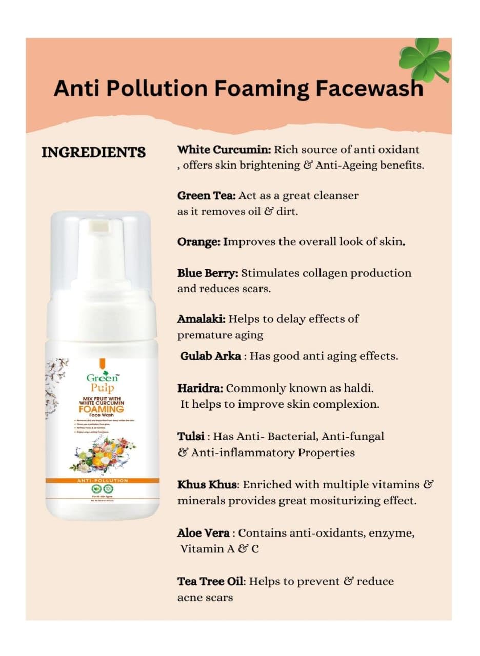 GREEN PULP Mix Fruit White Curcumin Anti Pollution Foaming Face Wash for All Skin Types - Gentle Cleansing for Daily Skincare Routine & Pollution Protection