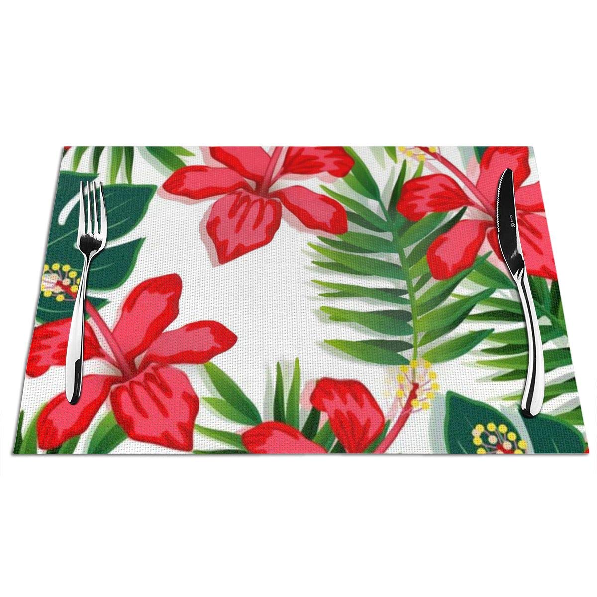 LTtie Set of 6 Non-Slip Tropical Red Flower Placemats - Heat Resistant PVC Table Mats for Dining Table, Kitchen & Restaurant Use - Washable Woven Vinyl Place Mats Perfect for Everyday Meals, Dinner Parties & Outdoor Dining