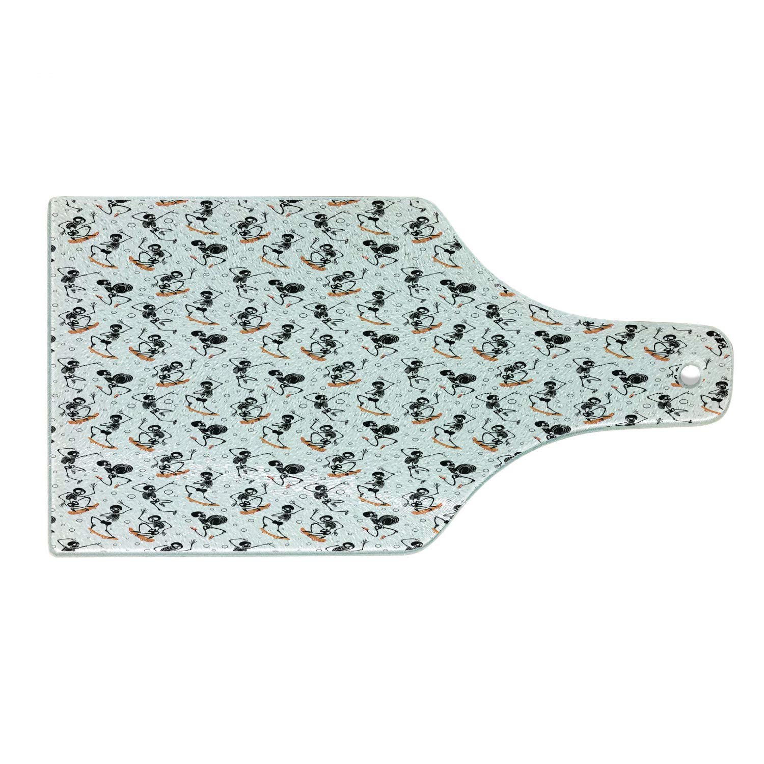 Ambesonne Skeleton Skateboard Cutting Board - Whimsical Halloween Kitchen Decor, Durable Tempered Glass Serving Board with Wine Bottle Shape in Charcoal Grey & White - Perfect for Halloween Parties, Wine & Cheese Serving, and Unique Home Decor