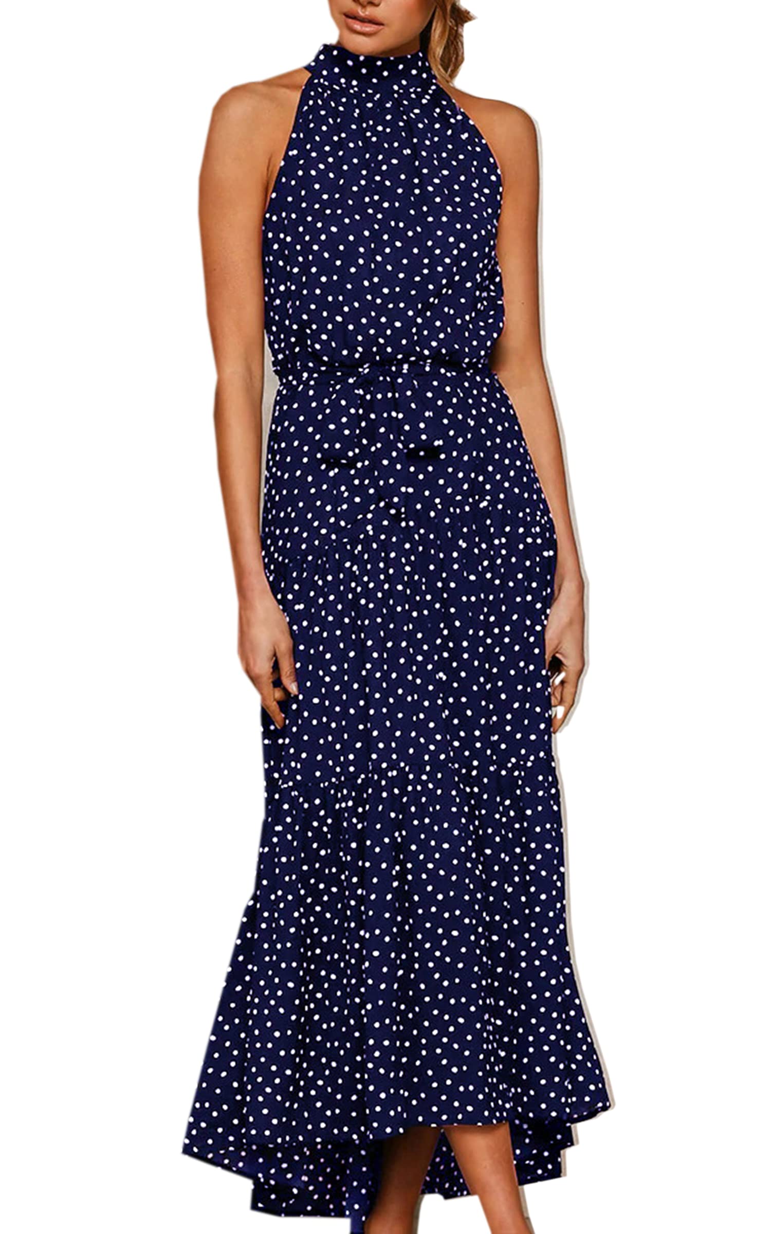 ECOWISH Women's Halter Neck Boho Floral Print Sleeveless Backless Maxi Dress - Summer Beach Party, Vacation, Casual Outfit