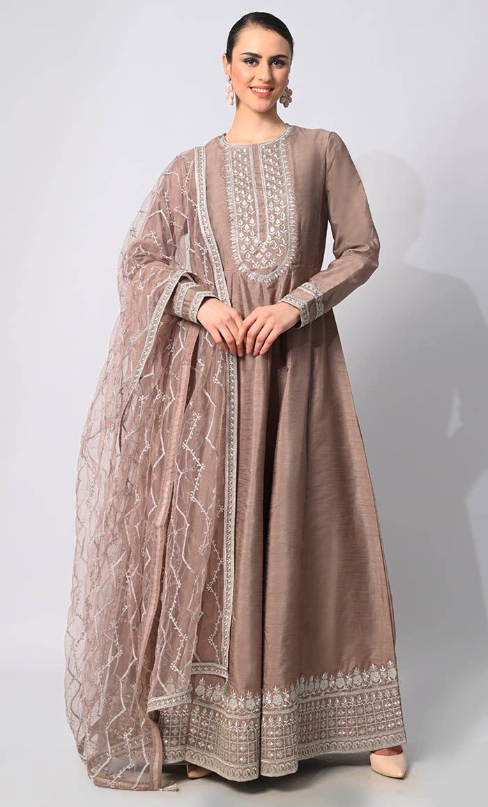 Exquisite Dusty Rose 2-Piece Heavy Zari Work Anarkali and Dupatta Set for Women | Traditional Indian Bridal Wear | Perfect for Weddings, Festivals & Special Occasions