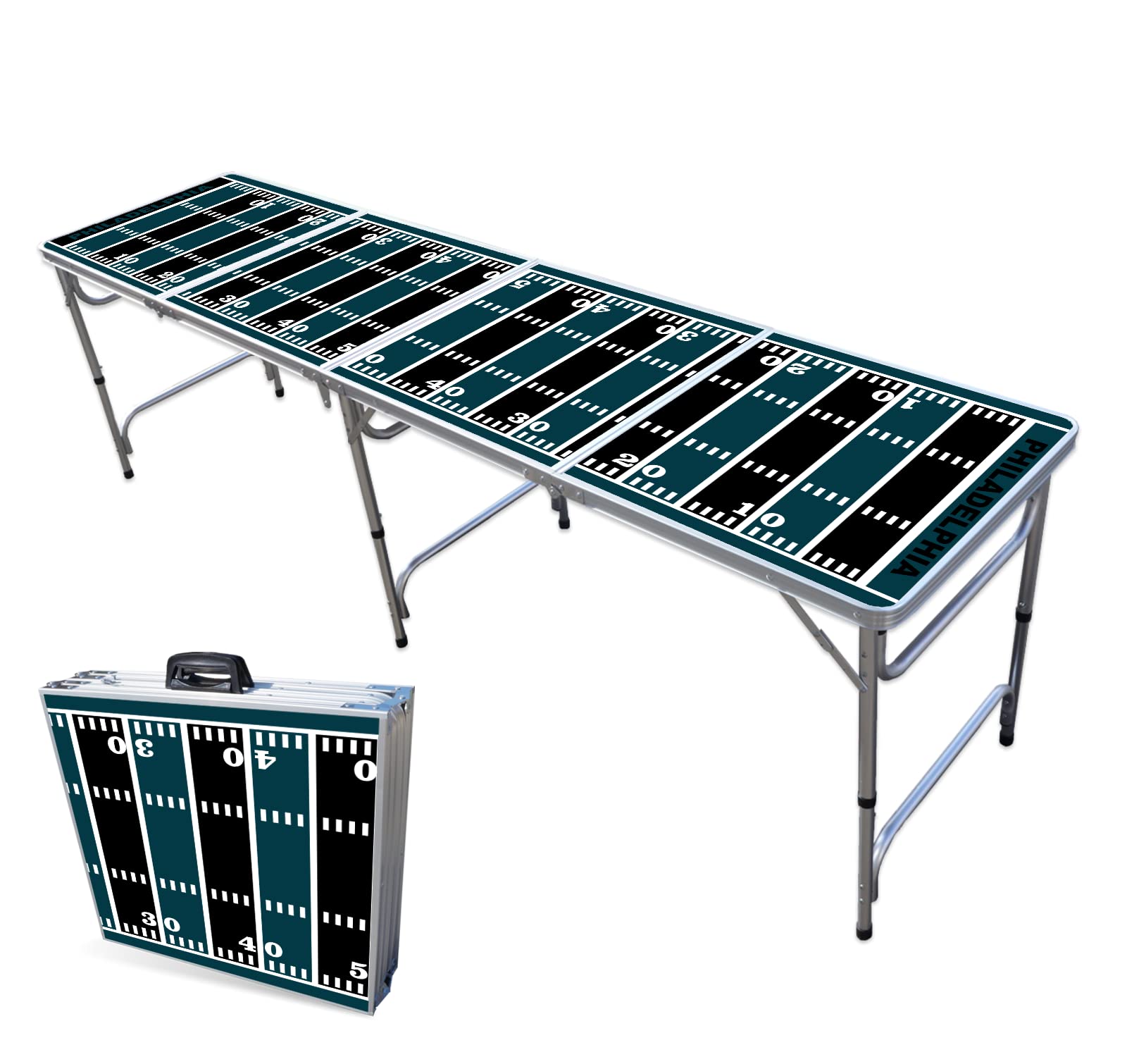 8-Foot Folding Portable Beer Pong Table with LED Lights & Optional Cup Holes - Philadelphia Eagles Football Field Design | Perfect for Tailgating, Parties & Outdoor Games