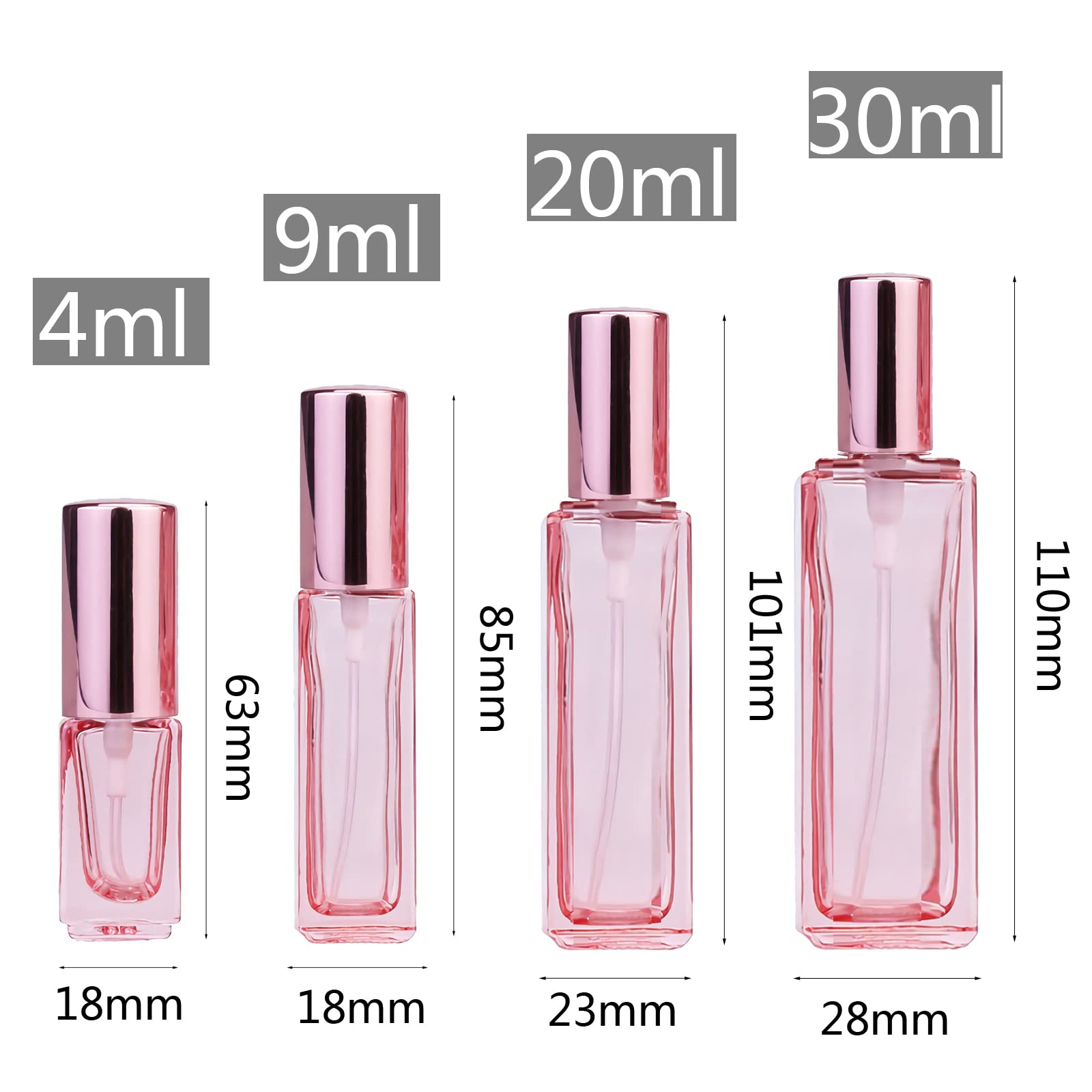 4 Pack Pink 30ml Travel Perfume Spray Bottles - Portable Square Glass Atomizer with Pink Lids, Refillable Perfume Container for Women, Perfect for Purse, Gym Bag & Everyday Carry (Fragrance, Essential Oils)