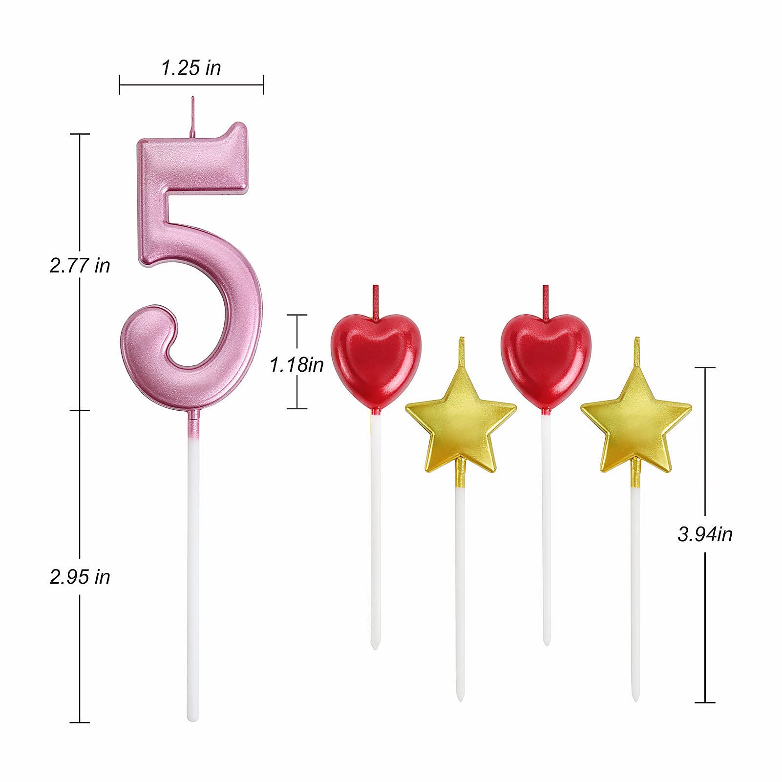 5th Birthday Candles Pink - Number Cake Candles with Star & Heart Topper for Kids Party Decor