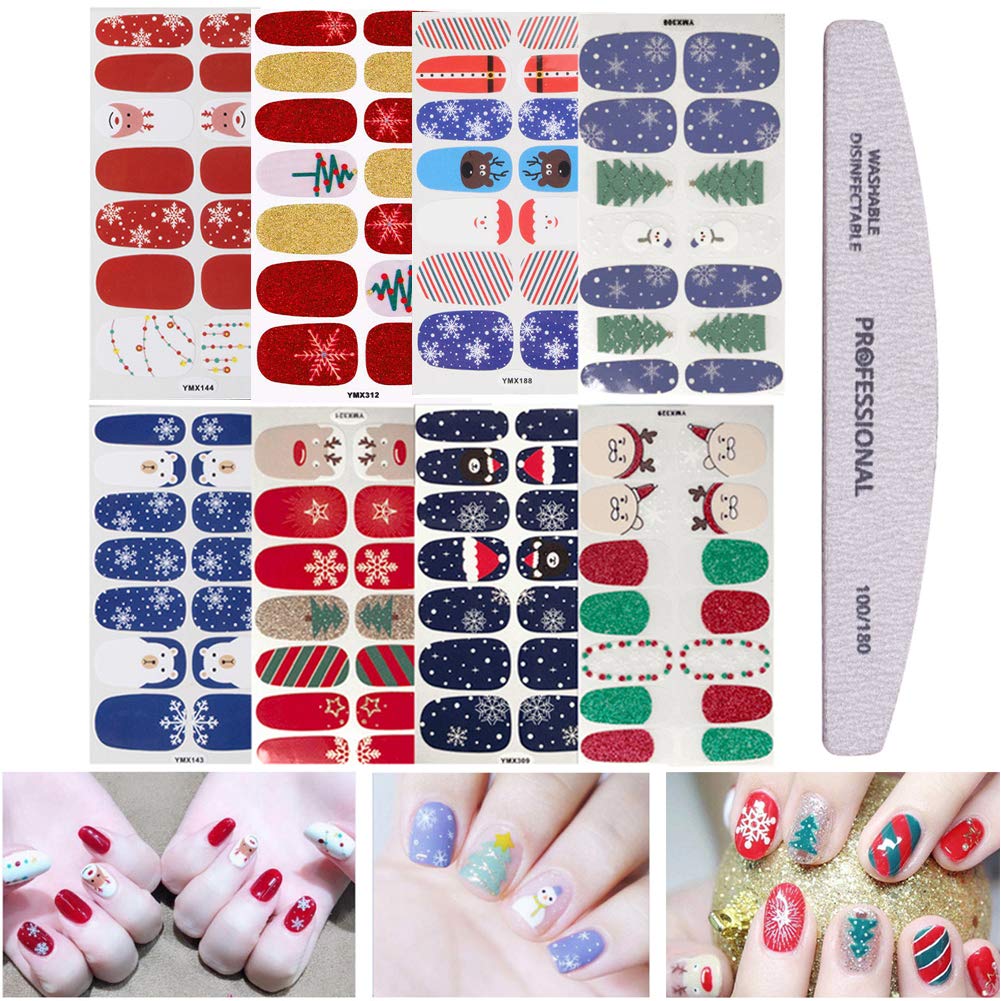 EBANKU Christmas Full Nail Stickers - 8 Sheets Holiday Nail Art Decals with Adhesive & 1 Nail Buffer File | Perfect for Christmas Parties, Gift Giving & DIY Manicures