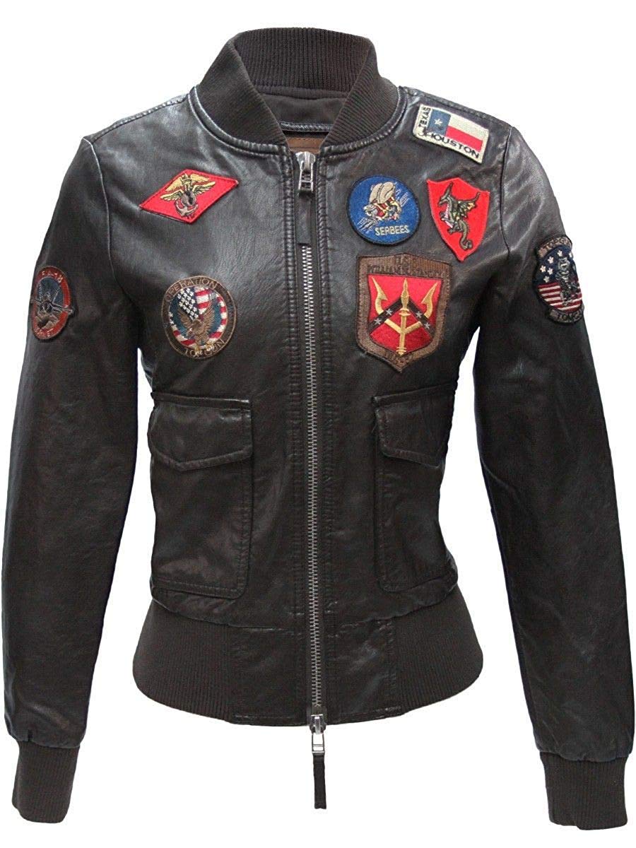 Women's Aviator Pilot Flight Patches Dark Brown Leather Bomber Jacket - Vintage Style Outerwear for Flying, Motorcycle Riding & Casual Fashion
