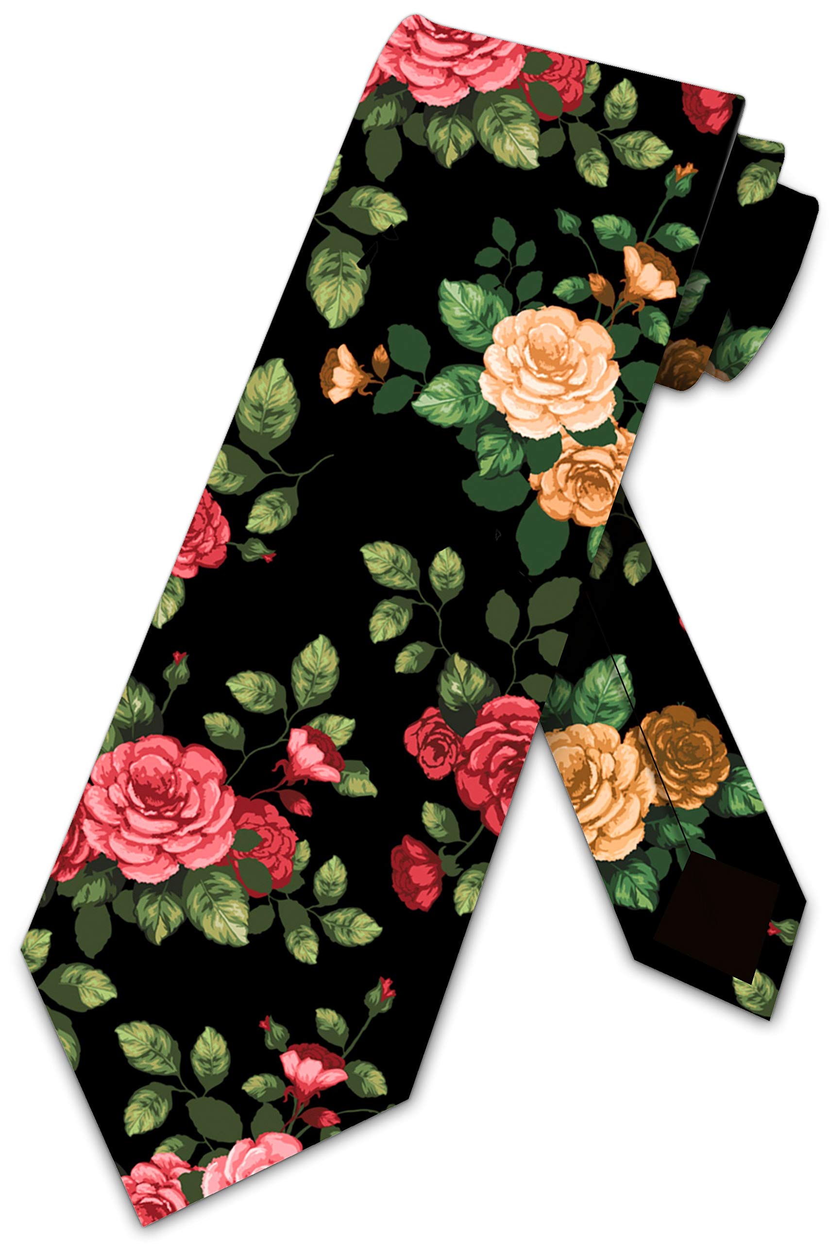 Three Rooker Men's Floral Necktie - Black Rose Pattern Silk Tie for Spring Wedding, Office & Formal Occasions
