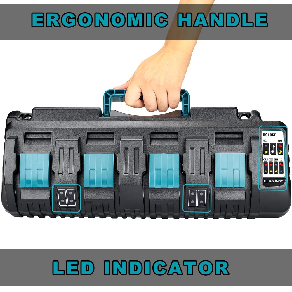 Makita 18V Battery Charger DC18SF - 4-Port Rapid Charger with Dual USB Ports | Fast Simultaneous Charging for 18V Power Tools | Perfect for Construction Sites, Workshops & Home DIY Projects