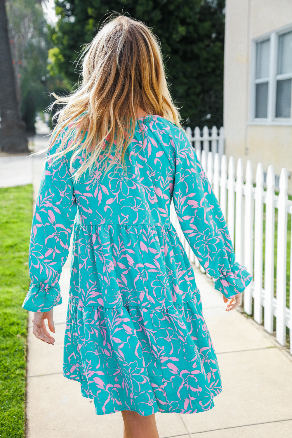 Boho Romance Mint Green Floral Print Tiered Dress with Front Ribbon Bow - Perfect for Summer Weddings, Garden Parties & Date Nights