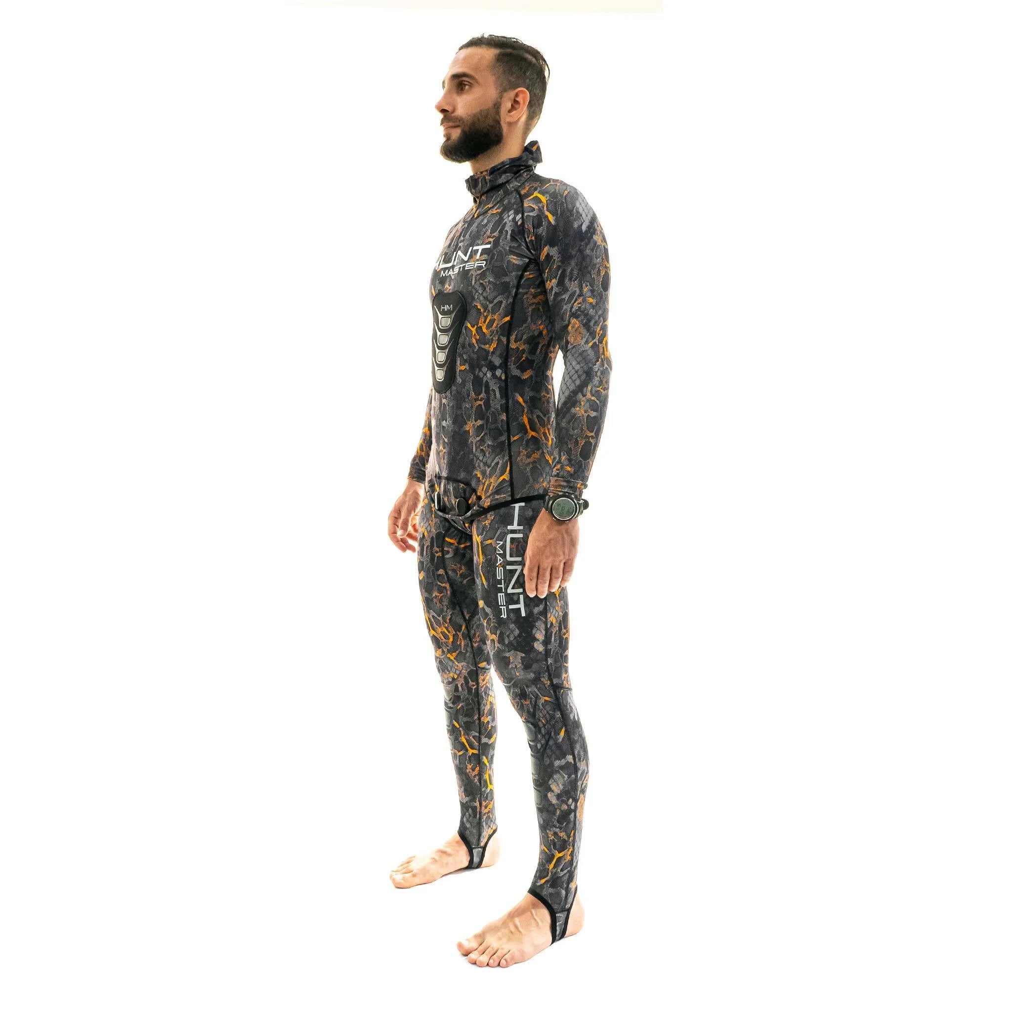 Hunt Master Camo Unisex Hooded Spearfishing Rashguard Top & Long John Pants Set with Chest Pad - UV Protection & Quick Dry for Scuba Diving, Freediving, and Water Sports