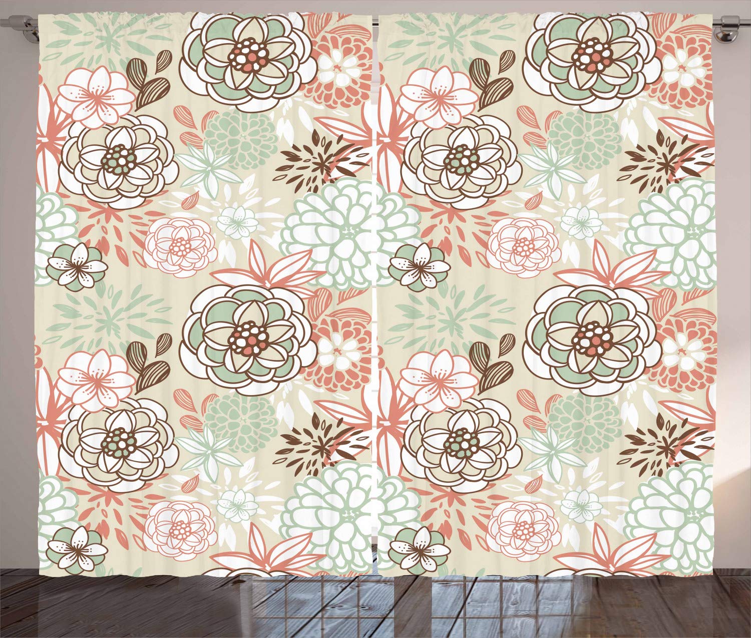 Ambesonne Floral Curtains - Vintage Romantic Wildflowers Doodle Drawing Style, 2 Panel Set (108