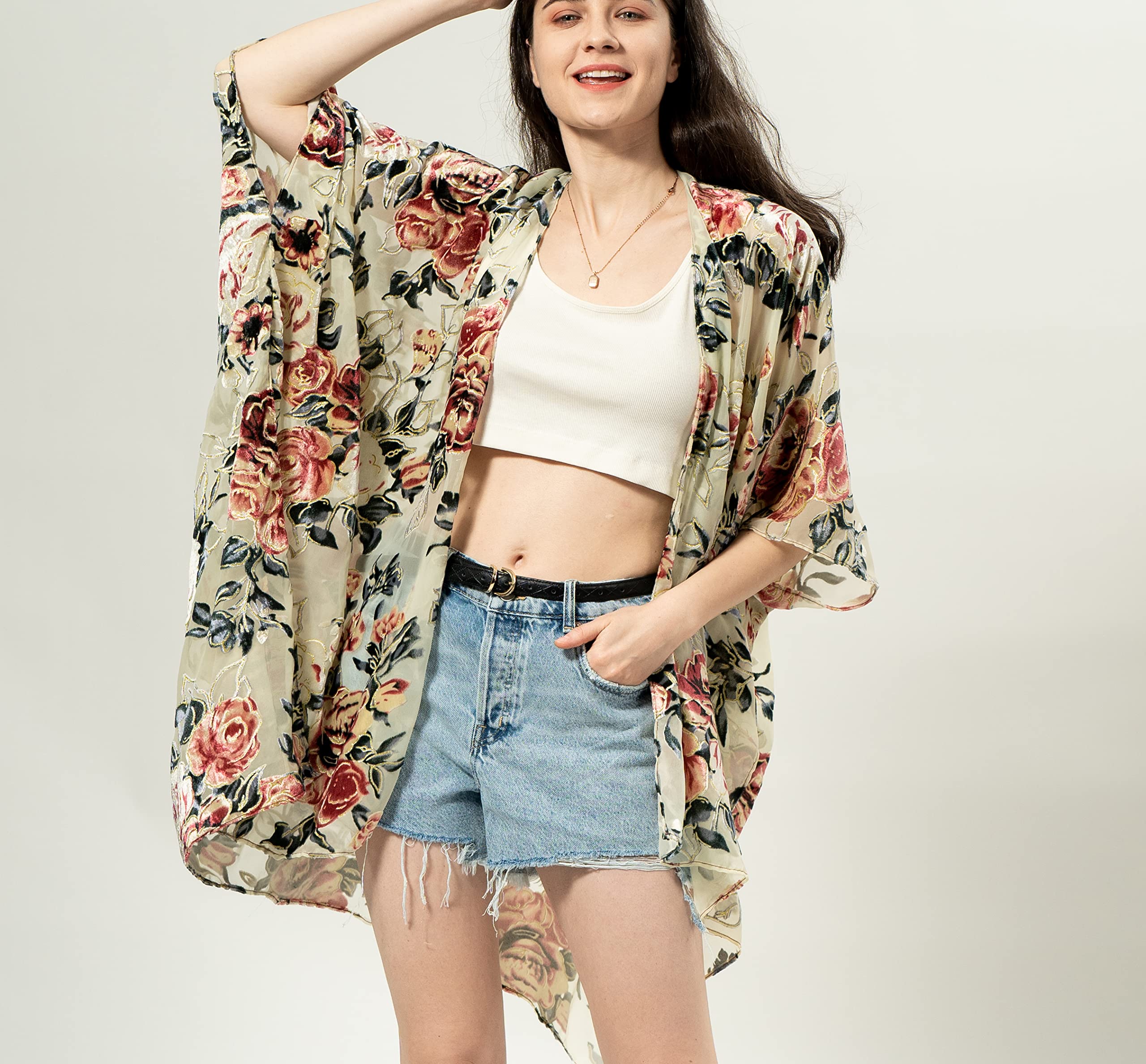 Women's Velvet Kimono Cardigan - Long Swimsuit Cover Up with Peonies & Gold Trim, Free Size, Beach Wrap, Easter Gift - Perfect for Poolside, Vacation, and Spring Celebrations