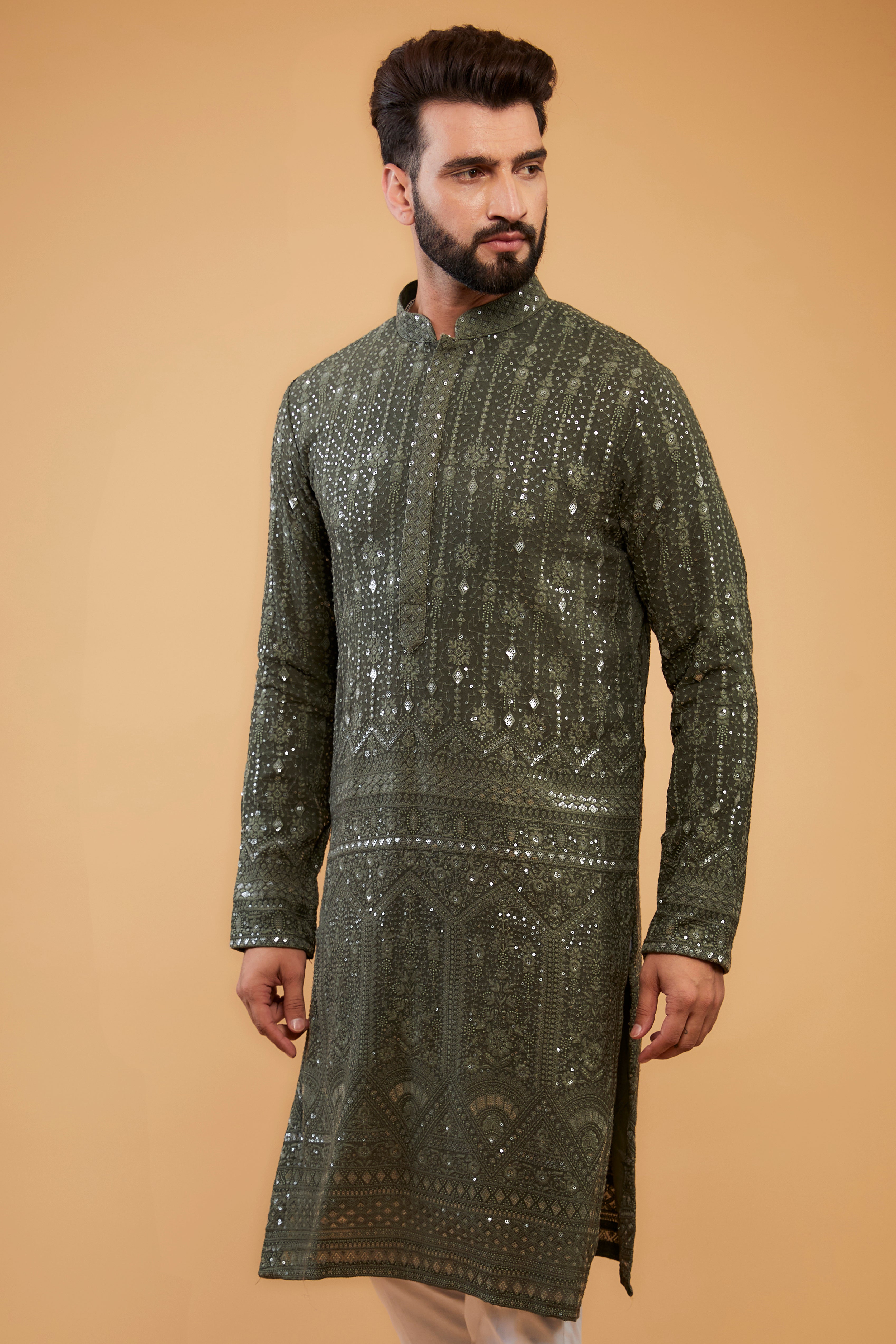 Military Green Sequined Kurta with Detailed Embroidered Border - Elegant Ethnic Wear for Parties, Weddings & Festive Occasions