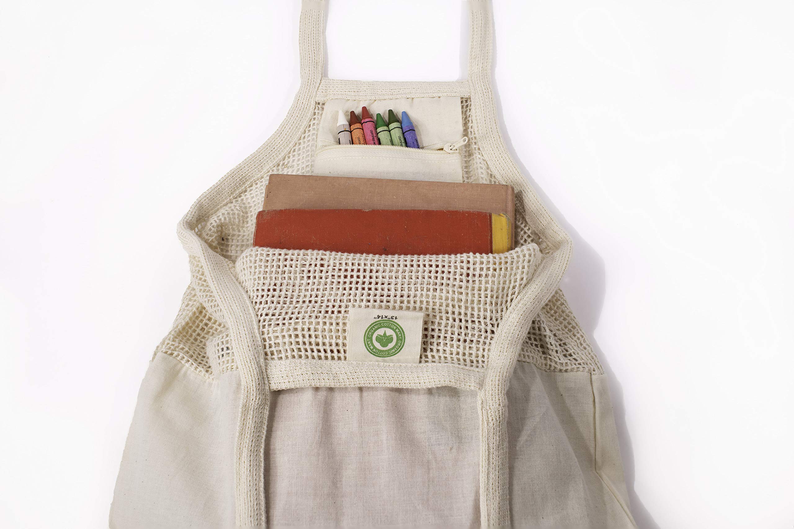 Organic Cotton Mesh Grocery Bags - Reusable Eco-Friendly Shopping Totes with Reinforced Bottom for Farmers Market, Mushroom Foraging & French Market (Set of 3) - Perfect for Grocery Shopping, Beach Trips & Picnics