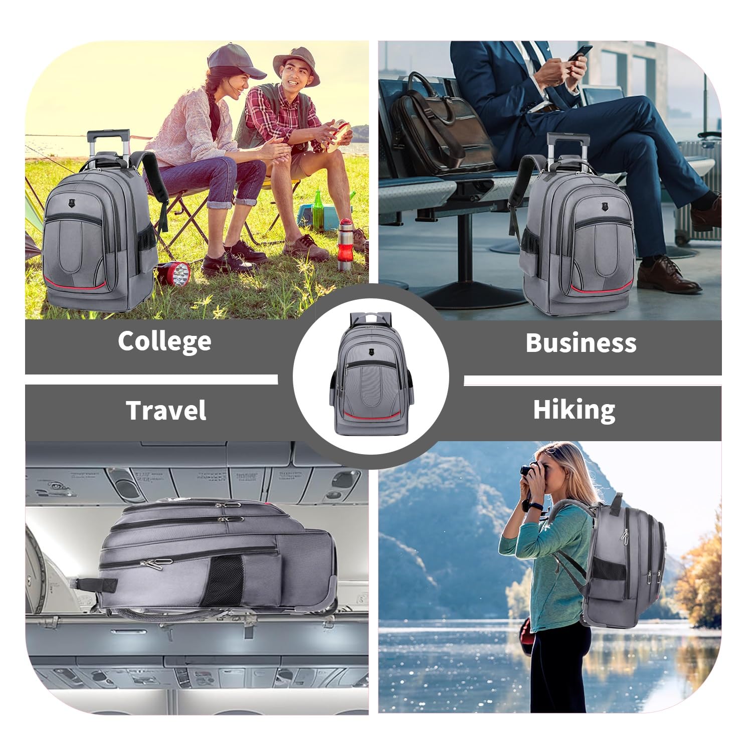 Rolling Backpack with Wheels for Women & Men - 19.68 Inch Wheeled Laptop Backpack for Travel, Work & Business (Grey) - Perfect Carry-On for Airplanes, Commuting & College Campus