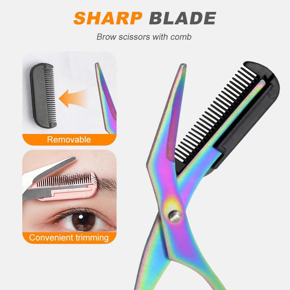 2 in 1 Stainless Steel Eyebrow Trimmer Scissors with Comb - Non-Slip Mini Eyebrow Scissors for Precise Grooming | Portable Curved Design for Men & Women | Perfect Beauty Gift for Home & Travel Use (Black)