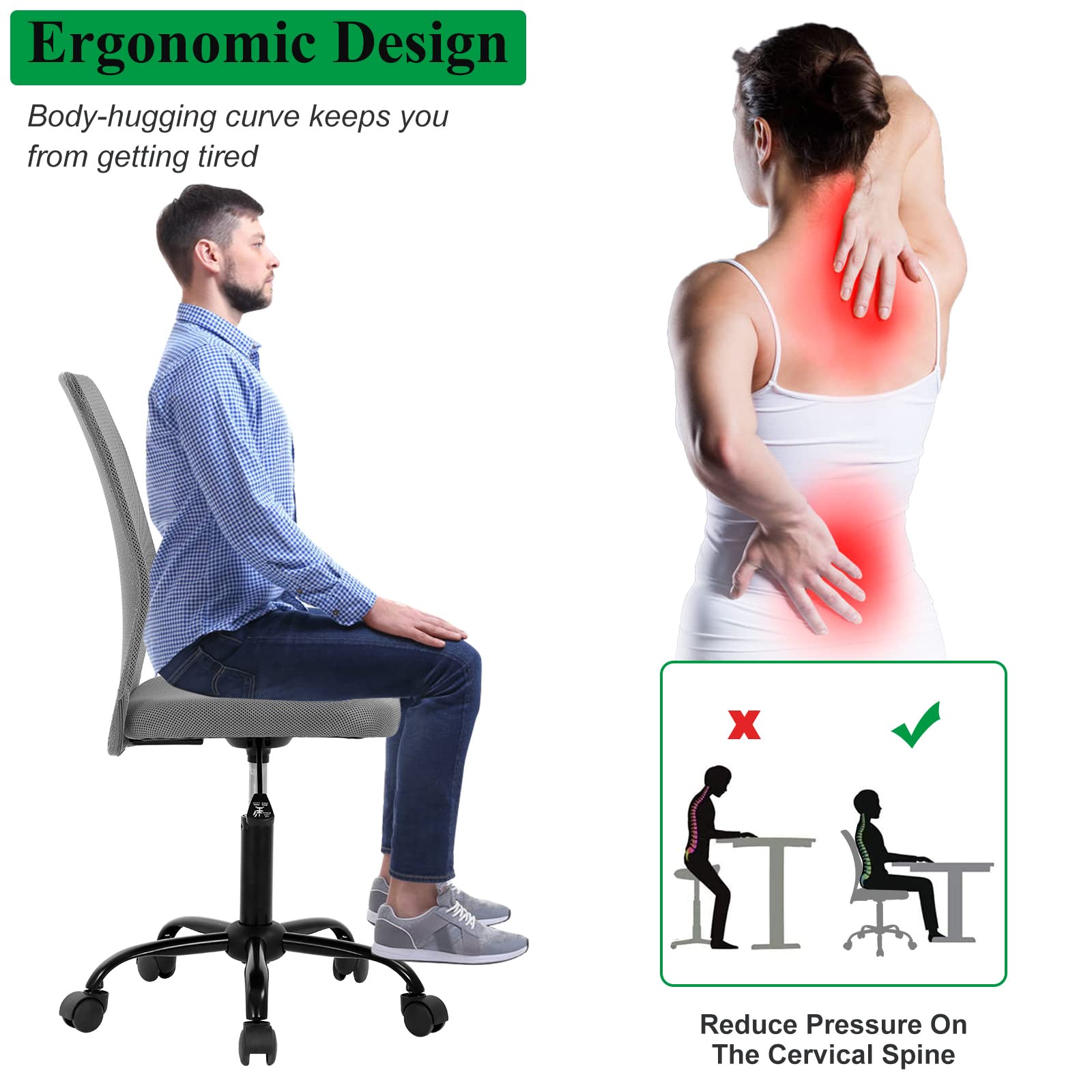 Ergonomic Mesh Office Chair with Mid Back Support - Modern Rolling Swivel Computer Chair for Home & Office - Breathable Armless Task Chair for Men & Women (Grey) - Perfect for Long Work Hours & Gaming Sessions