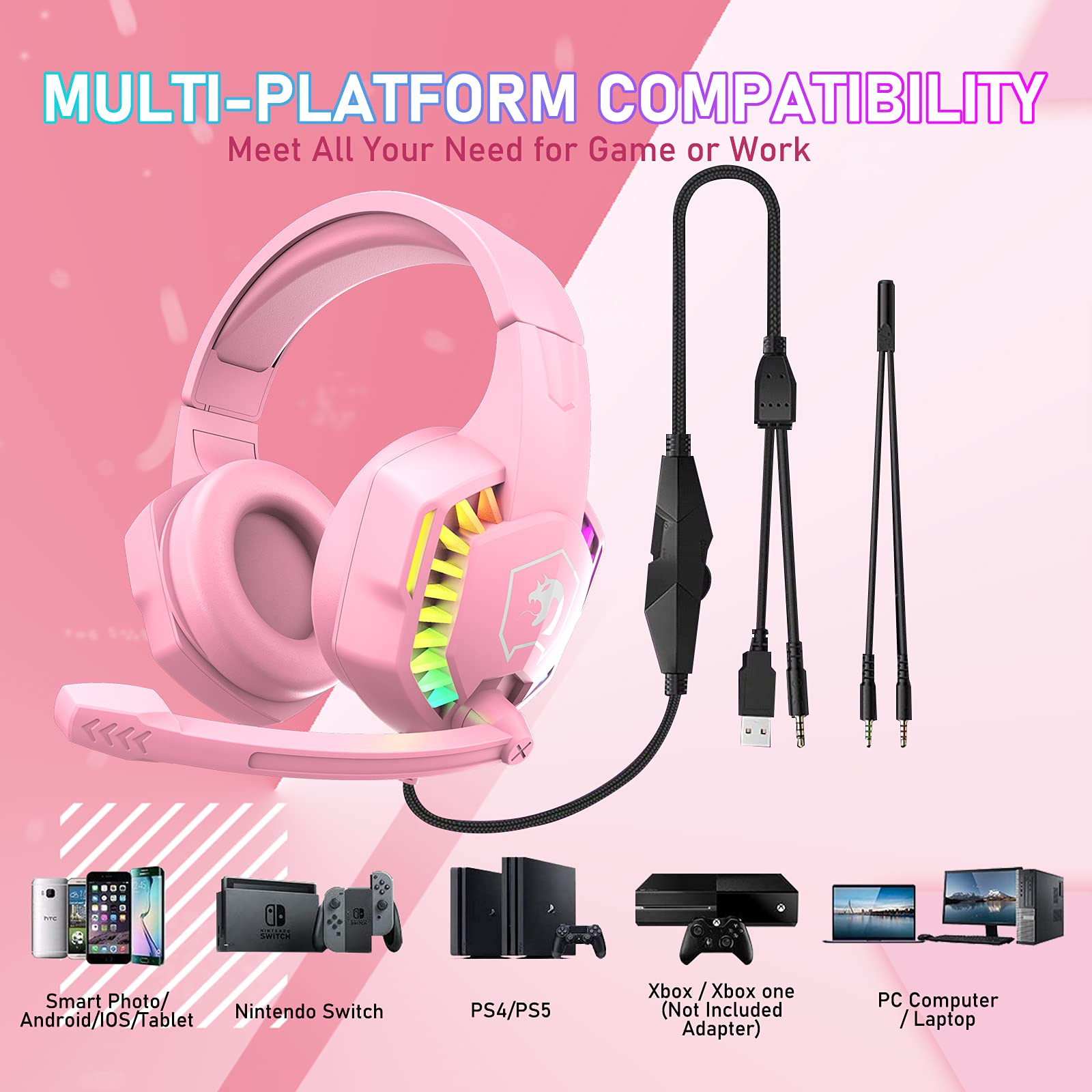 Wired Gaming Headset with RGB Backlight, Noise-Canceling Mic & Deep Bass - Over-Ear Headphones with Memory Foam for PS5, Xbox Series X, PC, Mac - Perfect for FPS Gaming & Streaming (Pink)