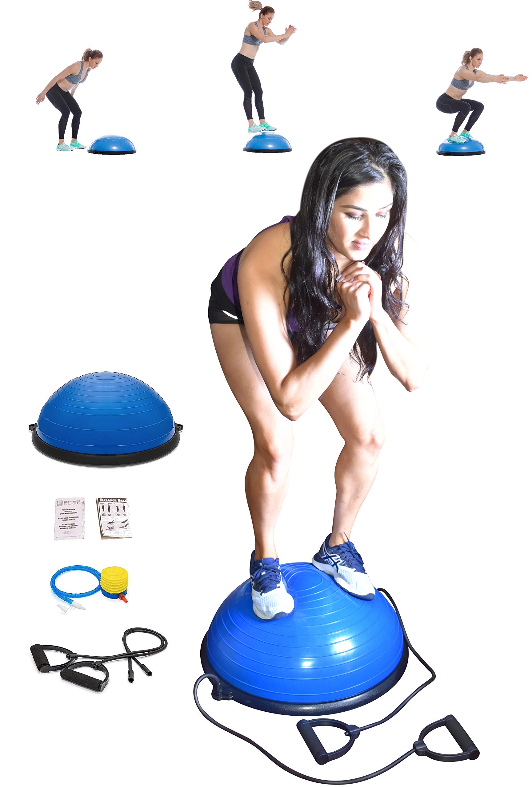 X-Factor Balance Ball Half Exercise Ball with Resistance Bands - Yoga Fitness & Home Gym Stability Trainer for Core Strength, Balance Workouts - Perfect for Pilates, Physical Therapy & Full-Body Training (Blue)