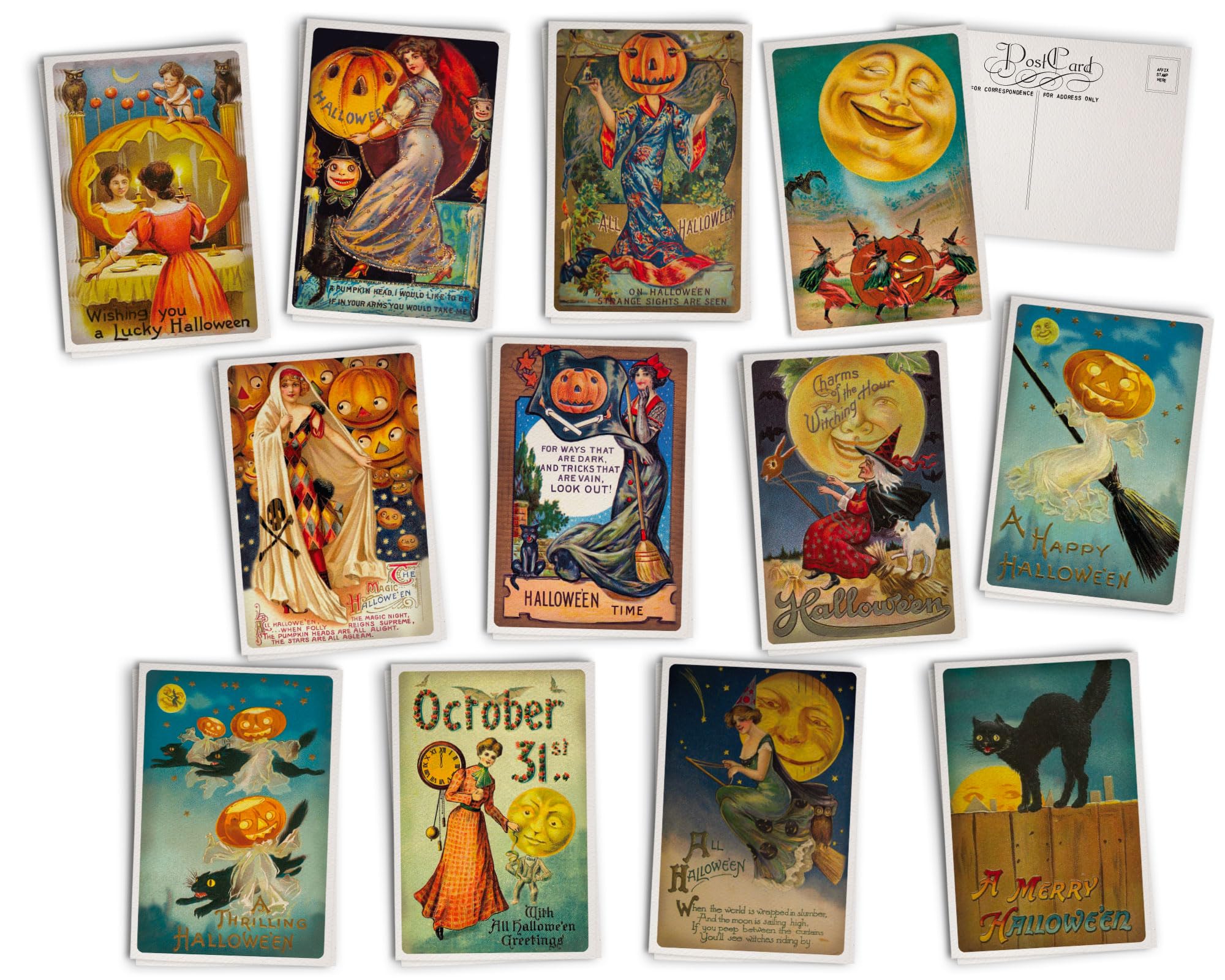 Vintage Halloween Postcards Set of 24 - Antique Spooky Greeting Cards with Retro Illustrations - Halloween Party Invitations, Home Decor, Scrapbooking Supplies - Printed on Textured Cardstock