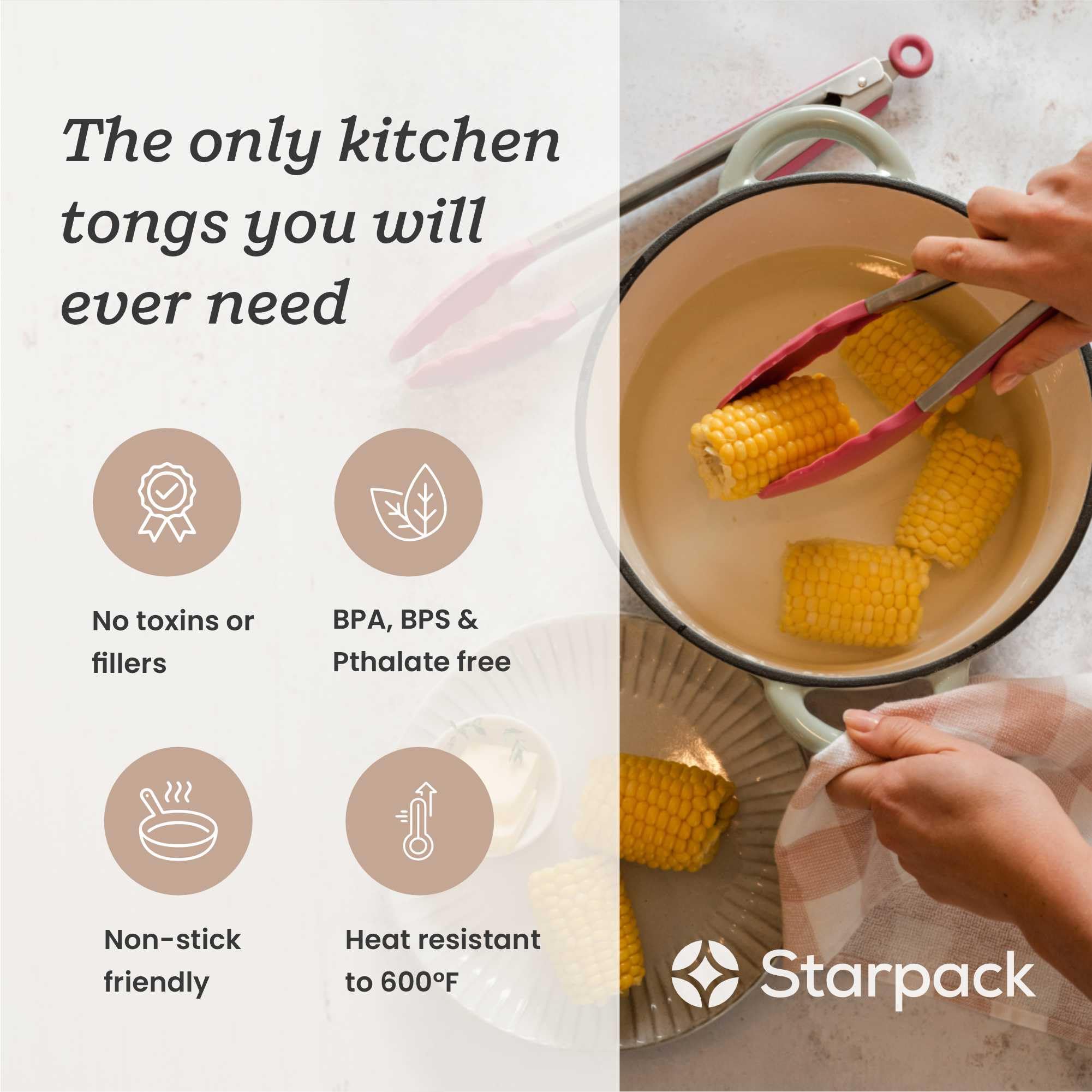 Starpack Heat Resistant Silicone Kitchen Tongs (2Pcs) - 600°F Safe BBQ Grill Tongs with Non-Slip Grip & Stainless Steel Core - 9