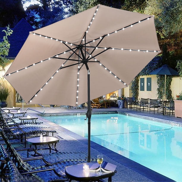 Autlaycil OTOB OTU005KK 10 Ft Solar Powered Patio Umbrella with 40 LED Lights - Steel Tilt Crank, Khaki Color - Perfect for Outdoor Dining, Poolside Lounging & Backyard Relaxation
