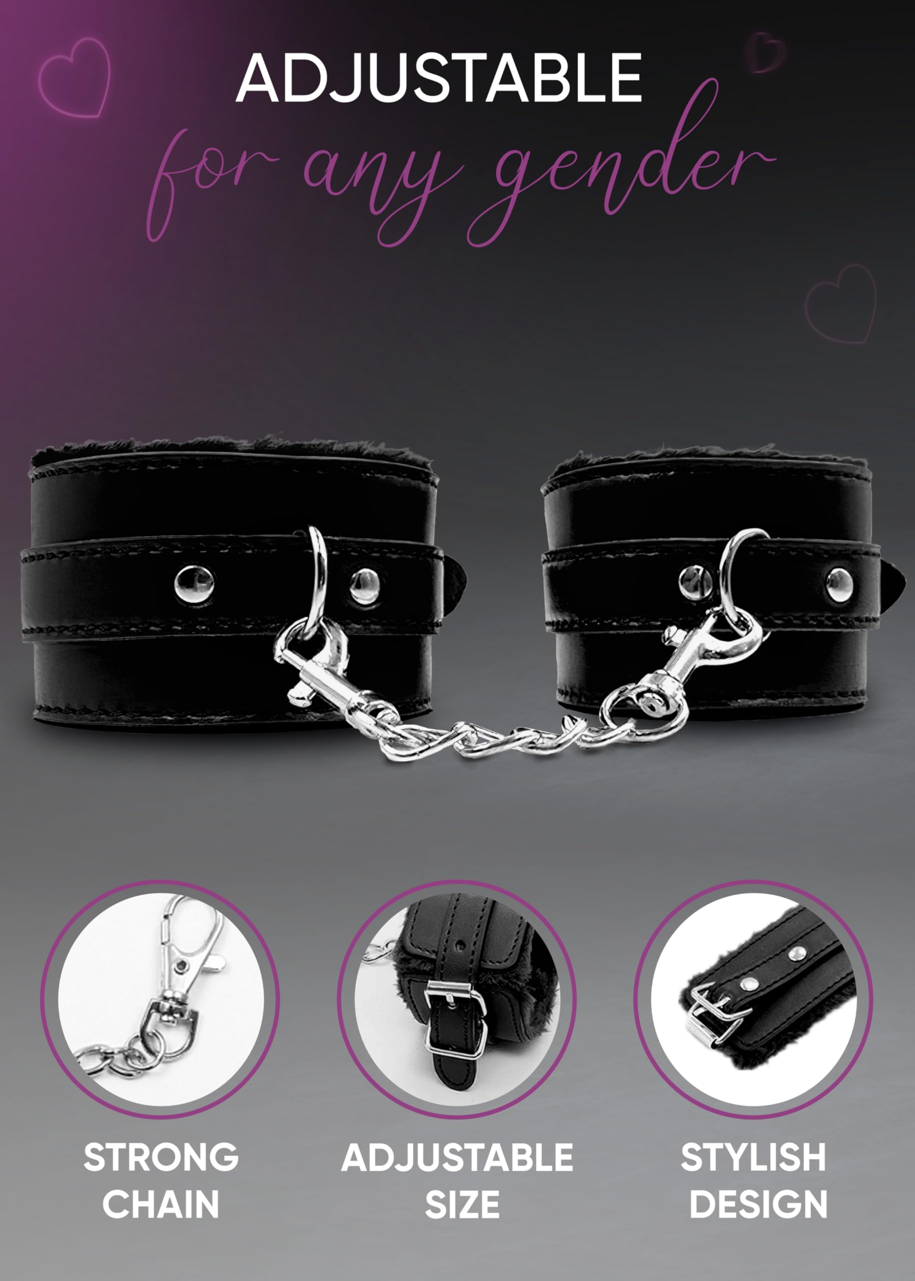 Soft Fluffy Handcuffs with Connect Chain - Adjustable Strap Lock BDSM Restraints for Couples (Black) - Perfect for Role Play, Spicing Up Bedroom & Romantic Gift Ideas
