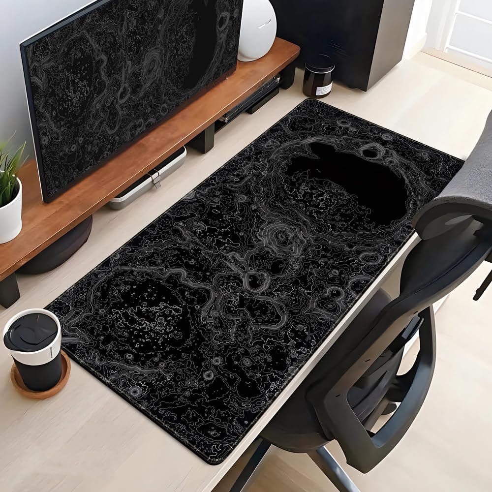 3D Black Topographic Gaming Mouse Pad - 31.5x15.7in Non-Slip Desk Mat for PC Gaming & Office Work