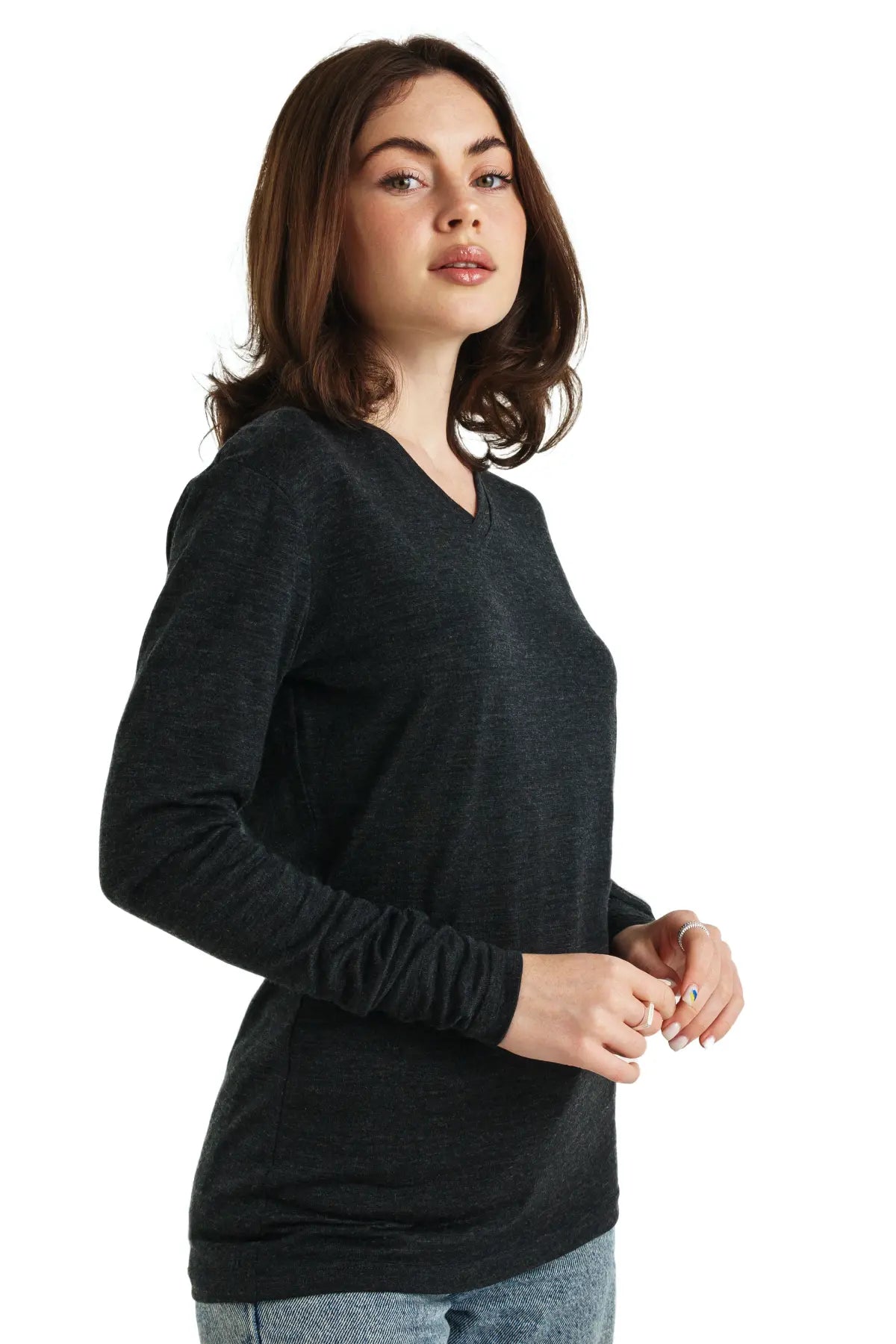 Women's Merino Wool Long Sleeve V-Neck Sweater - Soft & Warm 165 Charcoal Grey - Perfect for Winter Layering & Casual Outfits