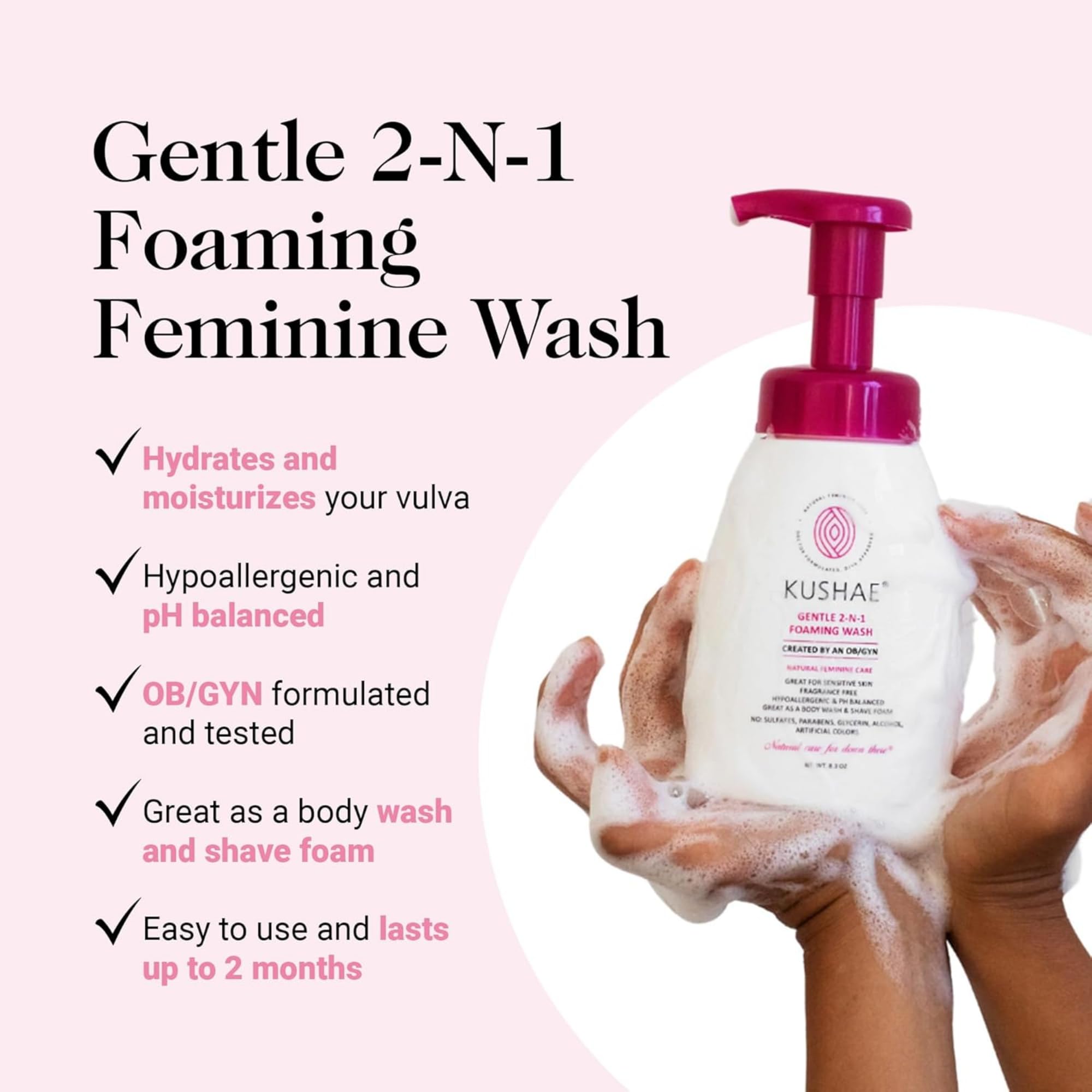 Kushae Gentle 2-in-1 Foaming Feminine Wash | pH Balanced Intimate Cleanser for Sensitive Skin | Fragrance-Free & Hypoallergenic Daily Use | 8.3 oz | Perfect for Post-Workout Refreshment & Travel Hygiene