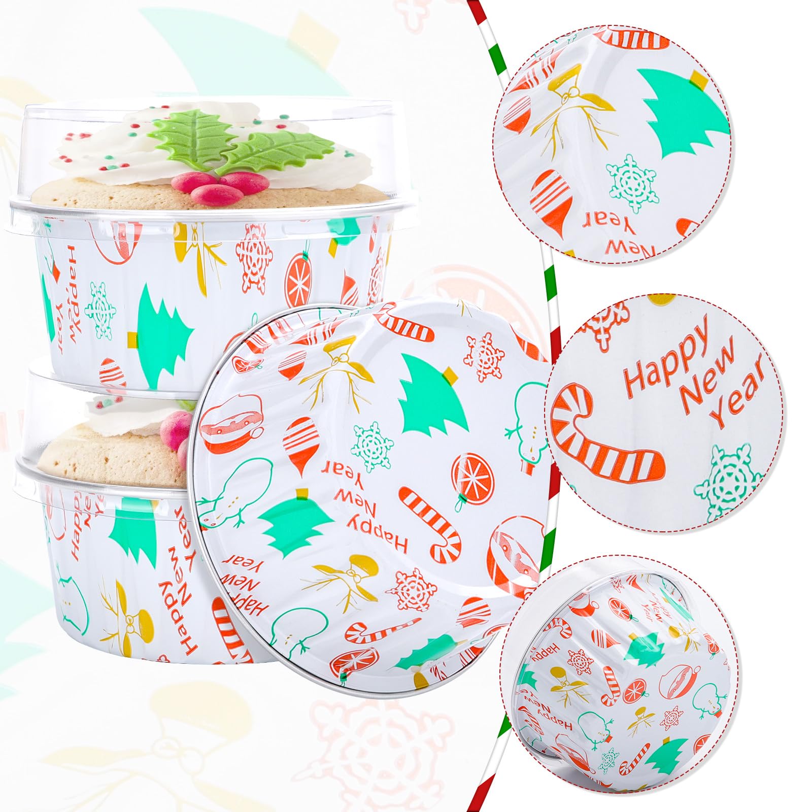 100-Pack Christmas Foil Cupcake Liners - 5oz Aluminum Baking Cups with Lids for Holiday, Birthday & Party Baking - Stackable, Portable Muffin Tins for Christmas Gifts, Home Baking & Dessert Displays