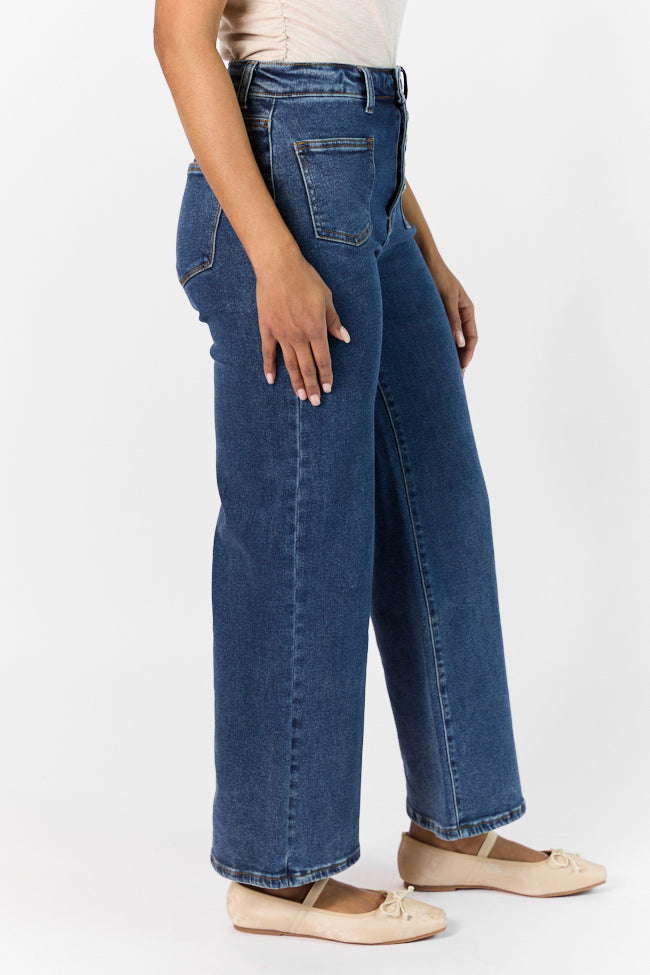Sutton Dark Wash Wide Leg Patch Pocket Jeans for Women - High Waisted Stretch Denim Pants - Casual & Comfortable Jeans for Everyday Wear, Work, and Weekend Outfits