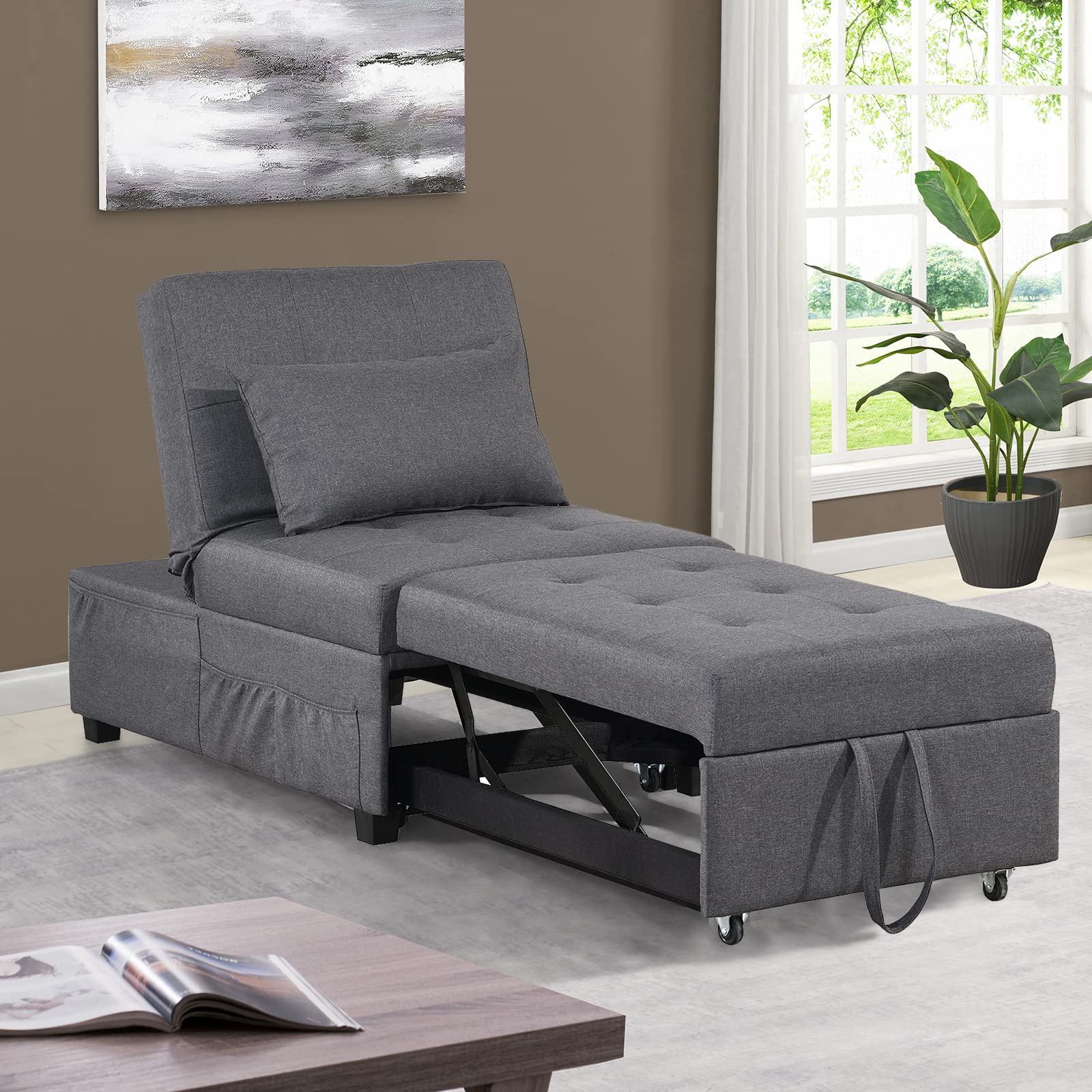 SAMERY Convertible Sleeper Chair Bed - Pull Out Sofa Bed for Small Spaces, Single Sleeper Chair with Side Pockets & 2 Pillows - Perfect for Living Room, Apartment, Bedroom & Office - Dark Grey | Compact Guest Bed & Reading Armchair for Studio, Dorm & RV