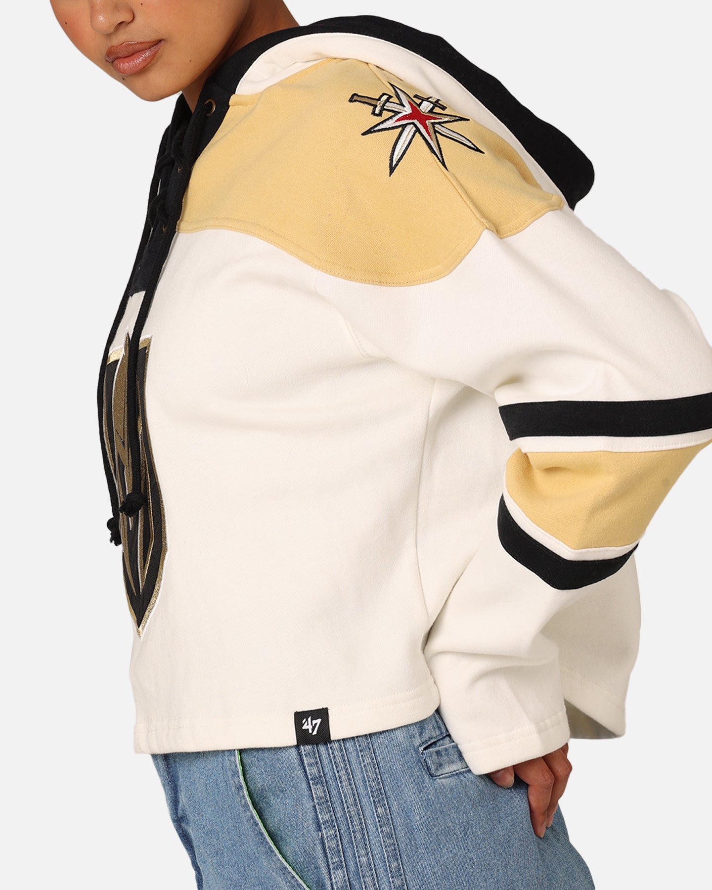 47 Brand Women's Vegas Golden Knights Cropped Lace-Up Hoodie - White Washed Distressed Style for Game Day & Casual Streetwear