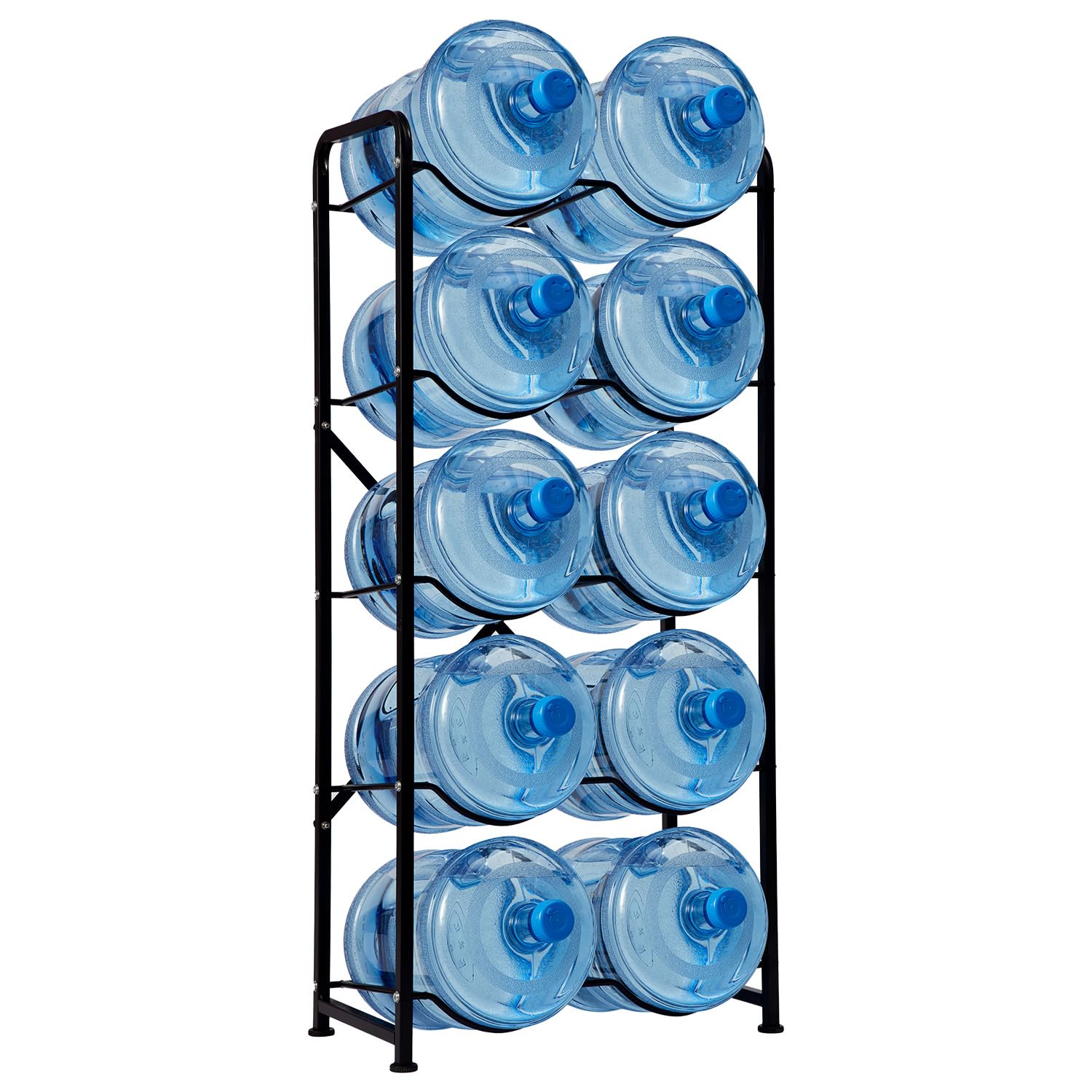 5-Tier Heavy Duty Water Bottle Rack - Reinforced Carbon Steel 5 Gallon Jug Holder for 10 Bottles - Space Saving Water Cooler Organizer for Office, Home, Garage, Restaurant & Gym - Perfect for Hydration Stations, Party Beverage Storage & Commercial Use (Black)
