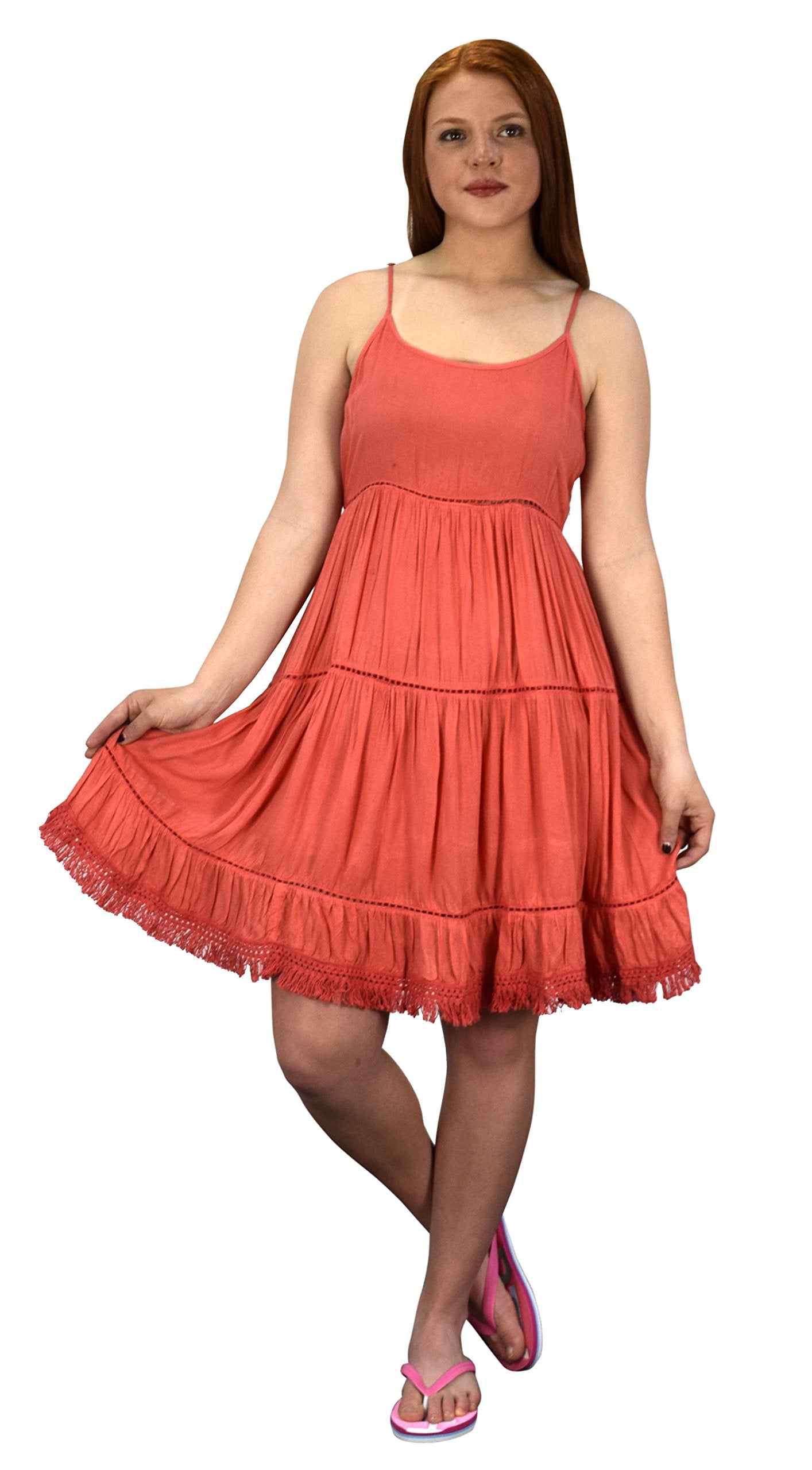 Women's Spaghetti Strap Tiered A-Line Summer Dress with Fringed Hem - Boho Chic Flowy Beach Dress for Vacation, Date Night & Casual Outings