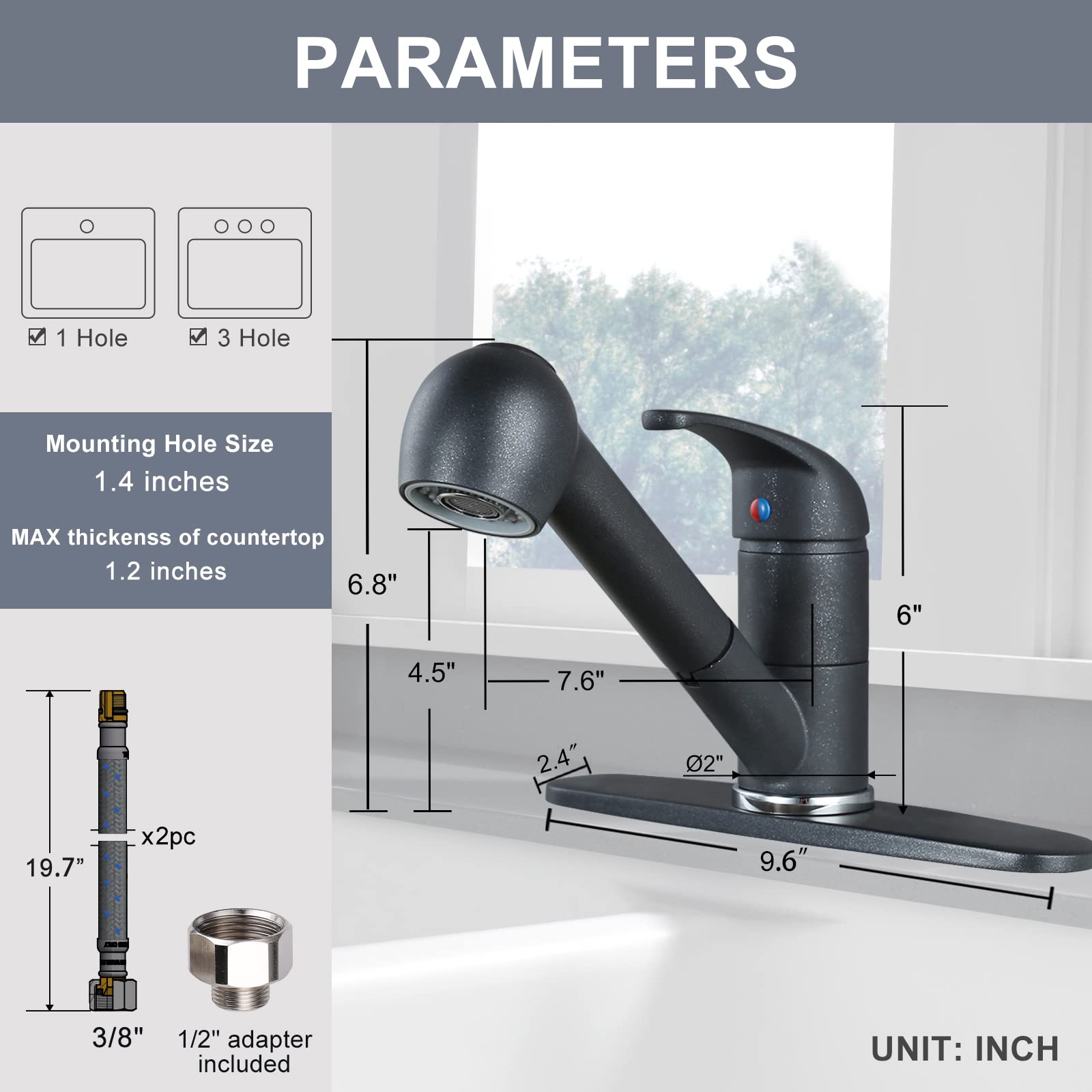 WOWOW RV Kitchen Faucet with Pull-Out Sprayer - Single Hole Low Arc Design, Matte Black Utility Sink Faucet with Deck Plate (Black Quartz/Metallic Black) - Perfect for RV, Camper, Tiny Homes & Small Kitchen Spaces