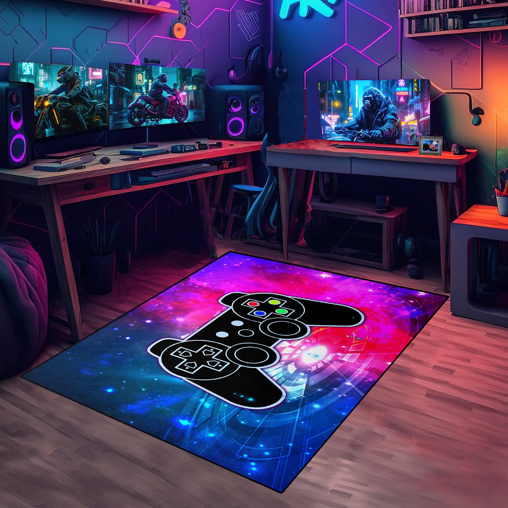 Premium Gamepad Printed Area Rug - 4'x5' Soft Polyester Floor Mat for Living Room, Bedroom & Game Room - Gamer Gift for Boys, Blue & Hot Pink Design - Perfect for Gaming Setup, Home Decor & Comfort