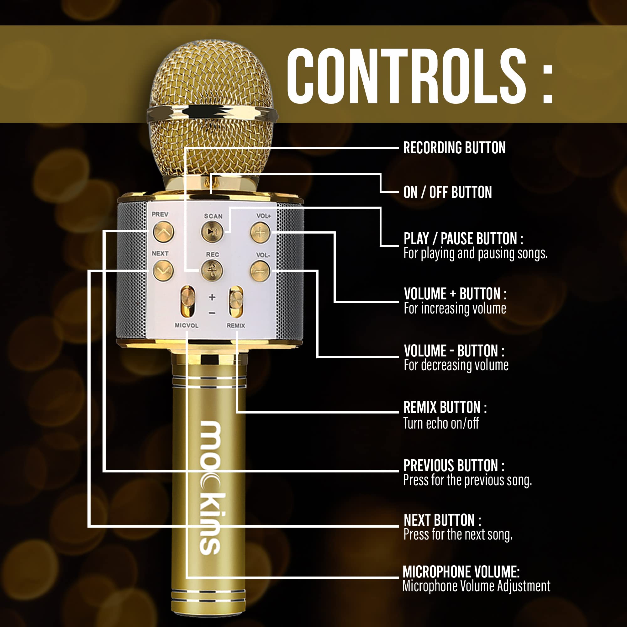 Mockins Gold Bluetooth Karaoke Microphone for Kids - Wireless Singing Mic with Built-in Speaker, Compatible with iPhone & Android - Perfect for Home Parties, Birthday Gifts & Family Entertainment