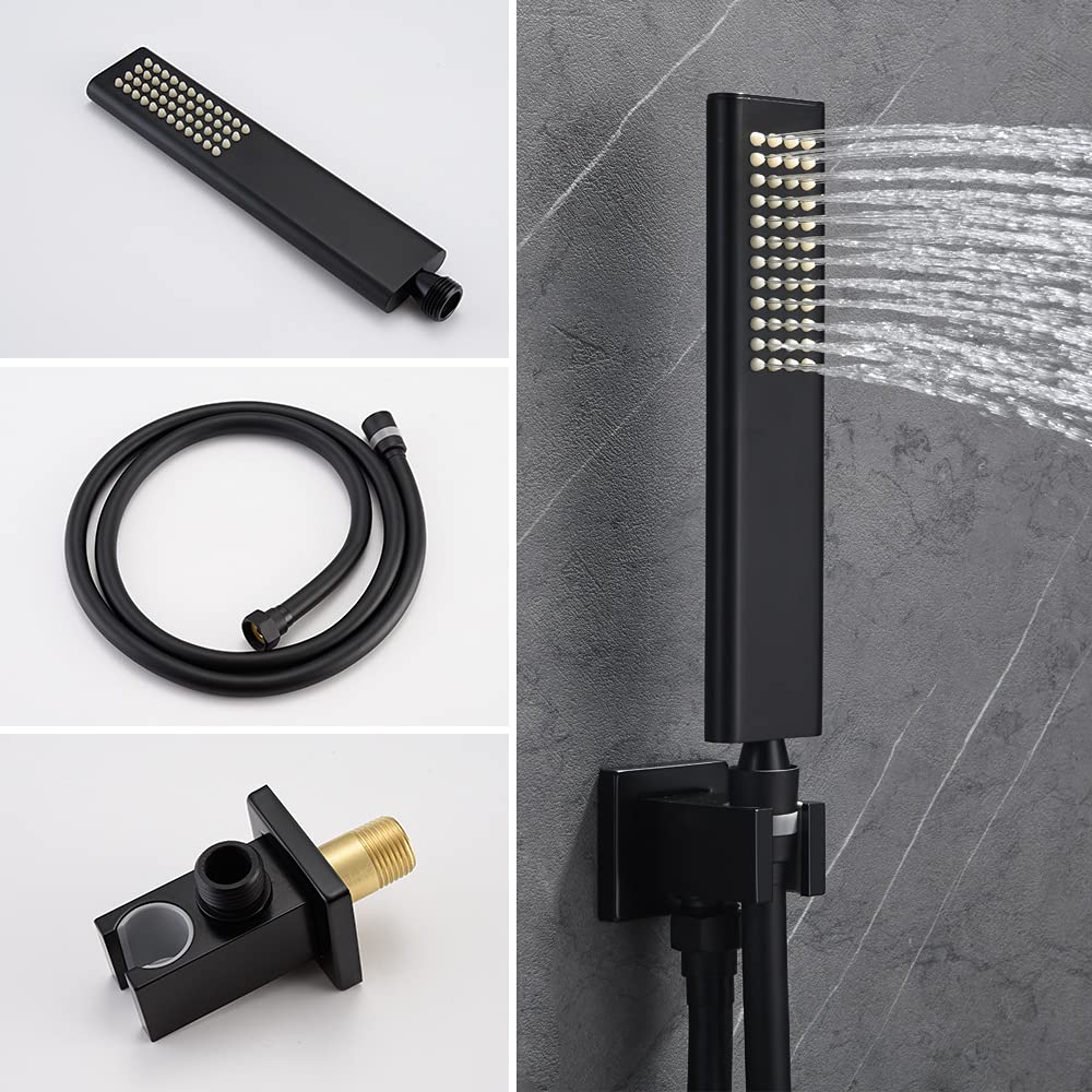 12 Inch High Pressure Rain Shower Head Set with Handheld Spray & Mixer Valve - Matte Black Modern Shower System with Pressure Balance Valve & Trim Kit for Bathroom | Perfect for Spa-Like Experience & Water Conservation