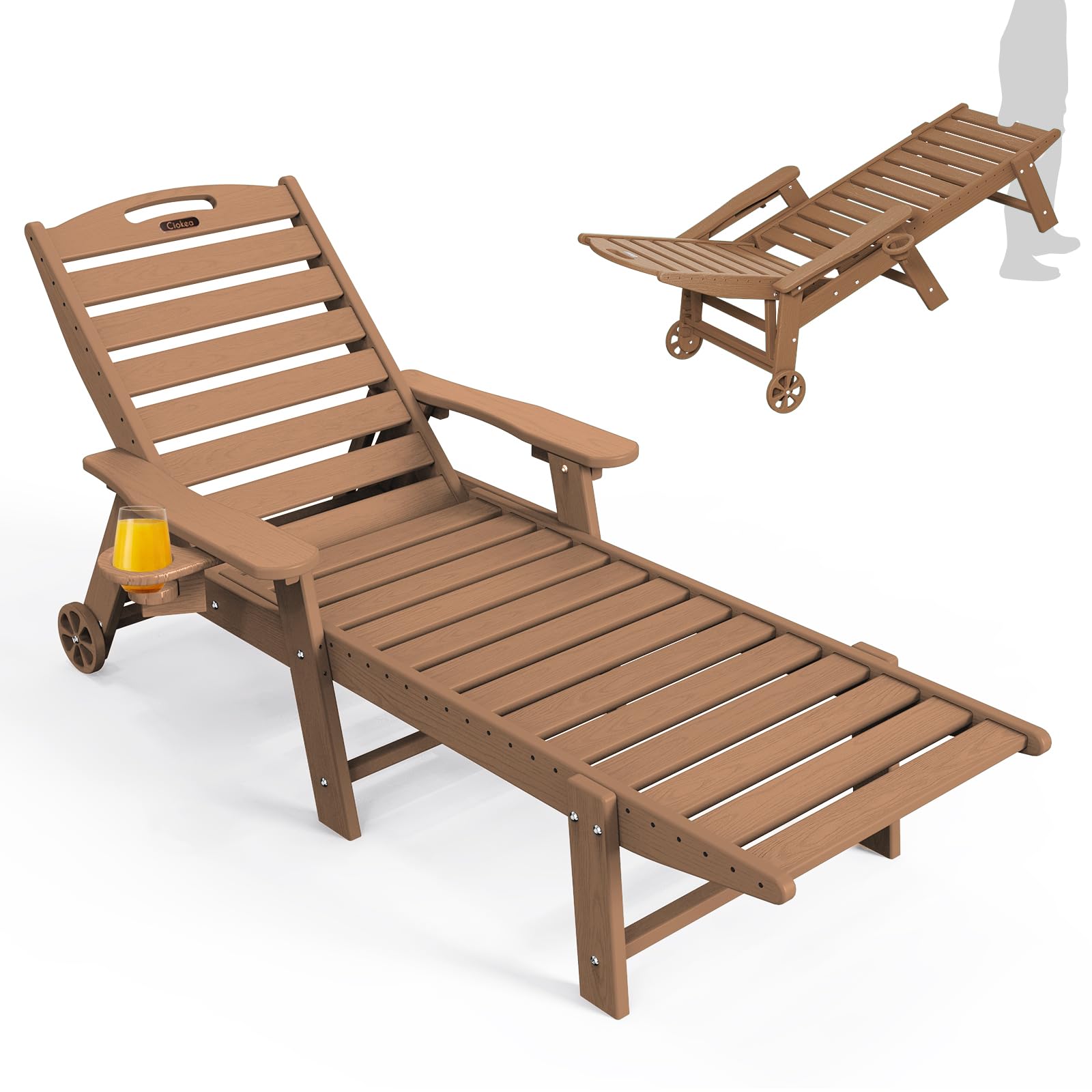 Premium Oversized HDPE Patio Lounge Chair with 5-Position Adjustable Back & Wheels - Outdoor Chaise with Cup Holder for Poolside, Deck, Garden & Backyard Relaxation