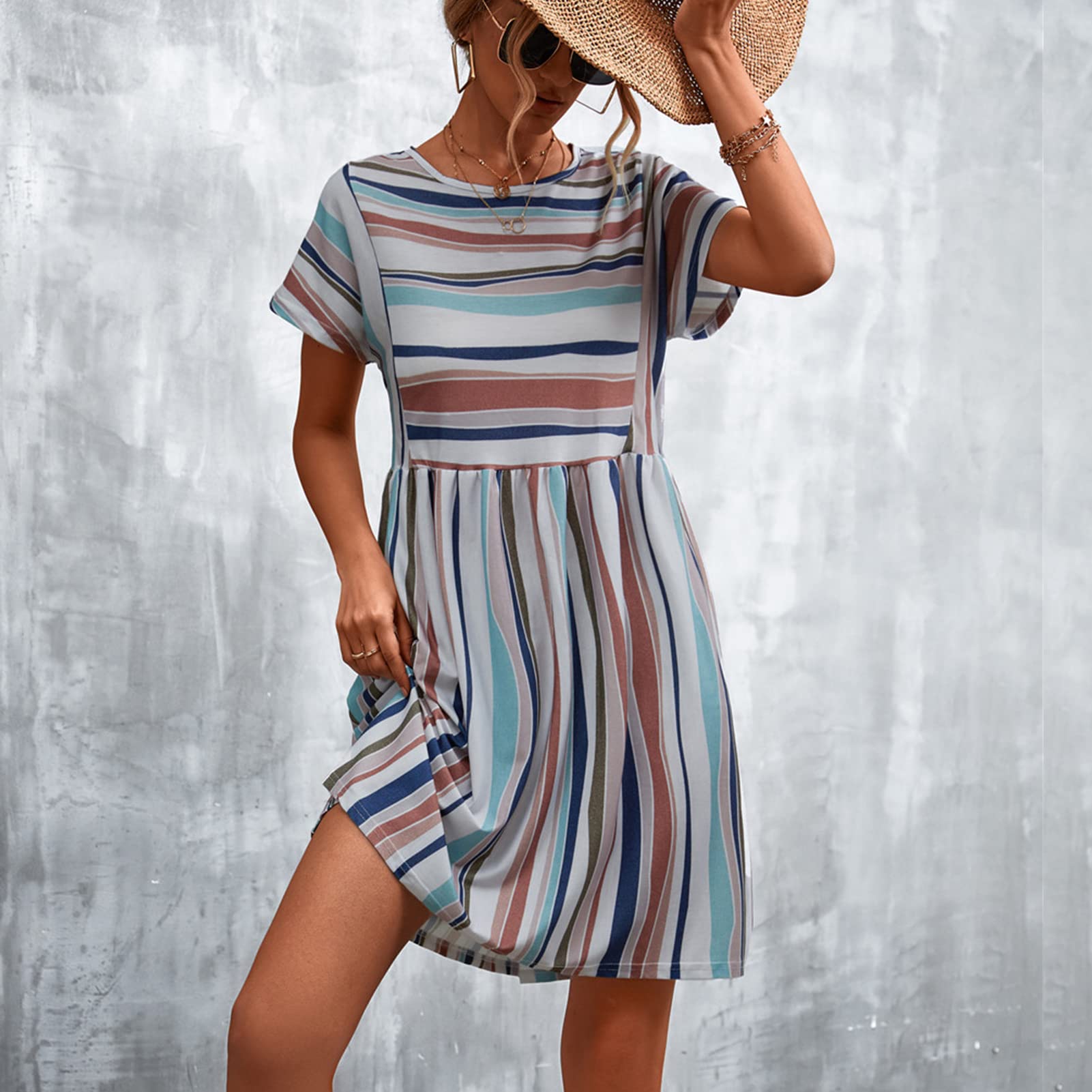GOTOTOP Women's Striped Short Sleeve Casual Dress - Round Neck Loose Midi Summer Dress for Beach, Vacation & Everyday Wear